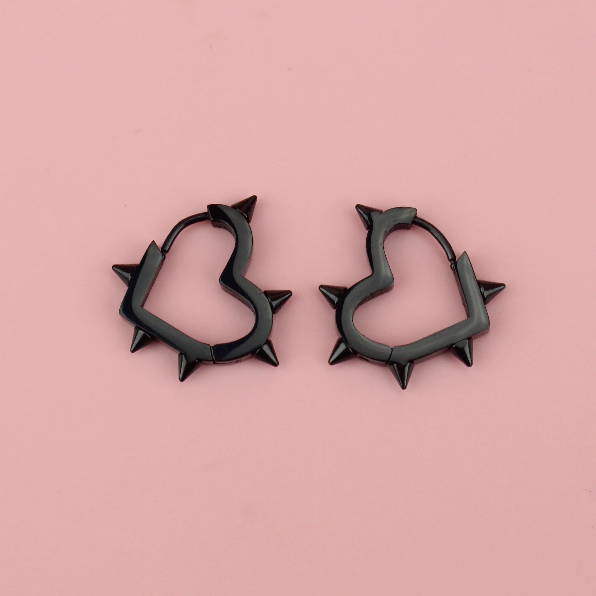 Heart Spike Huggie Hoop Earrings (Black) - Image 7