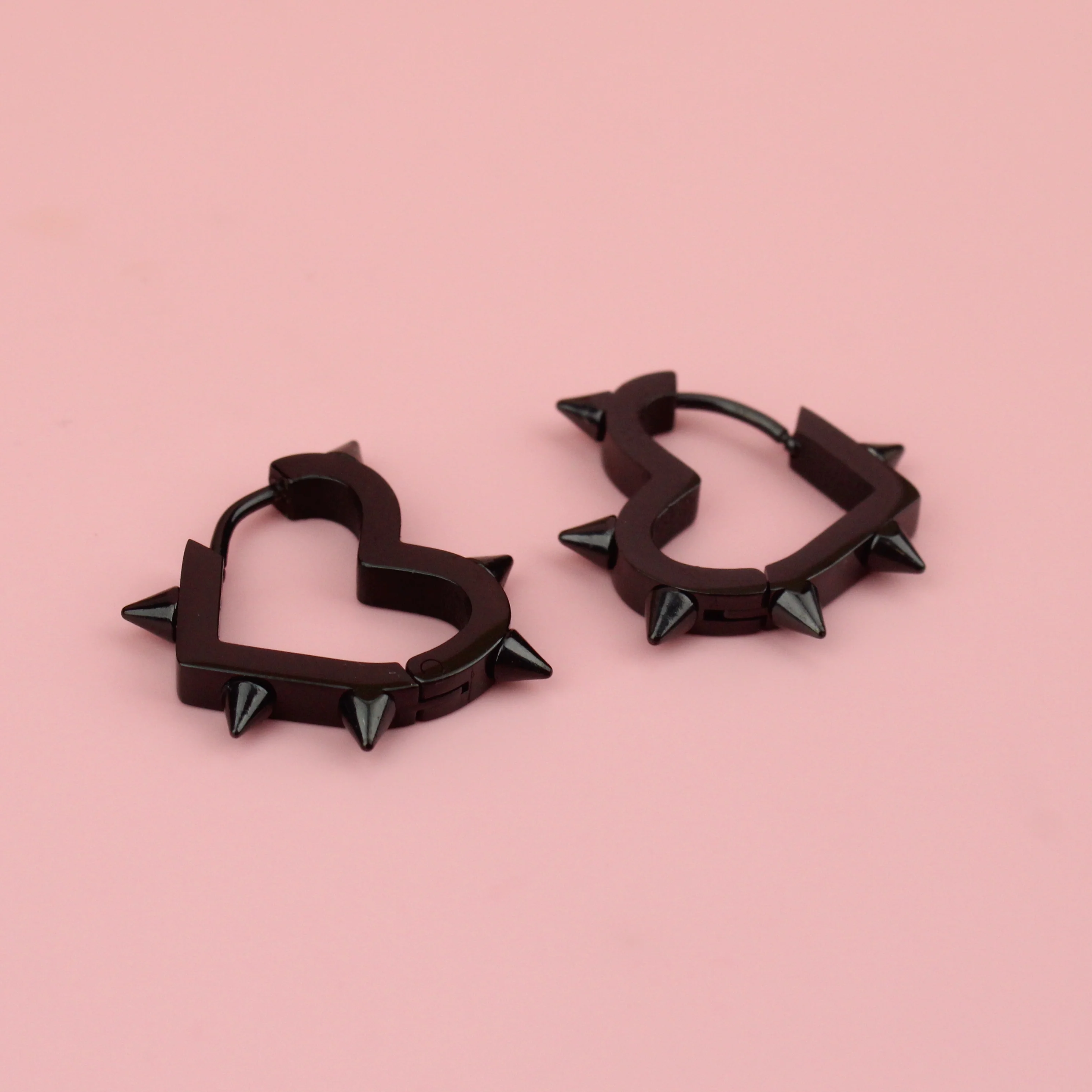 Heart Spike Huggie Hoop Earrings (Black) - Image 8