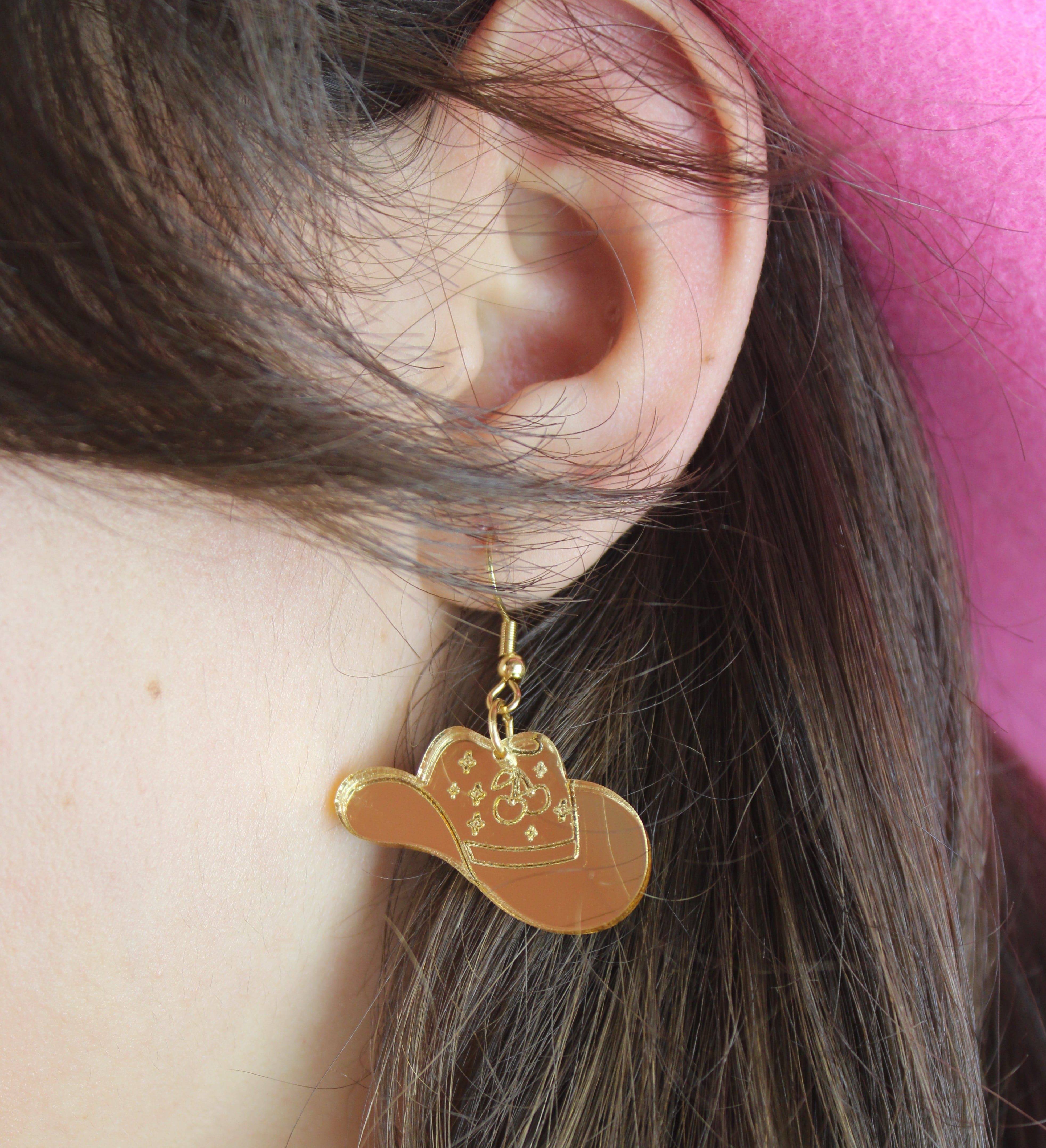 Let's Go Girls Gold Cowgirl Hat Earrings - Image 2