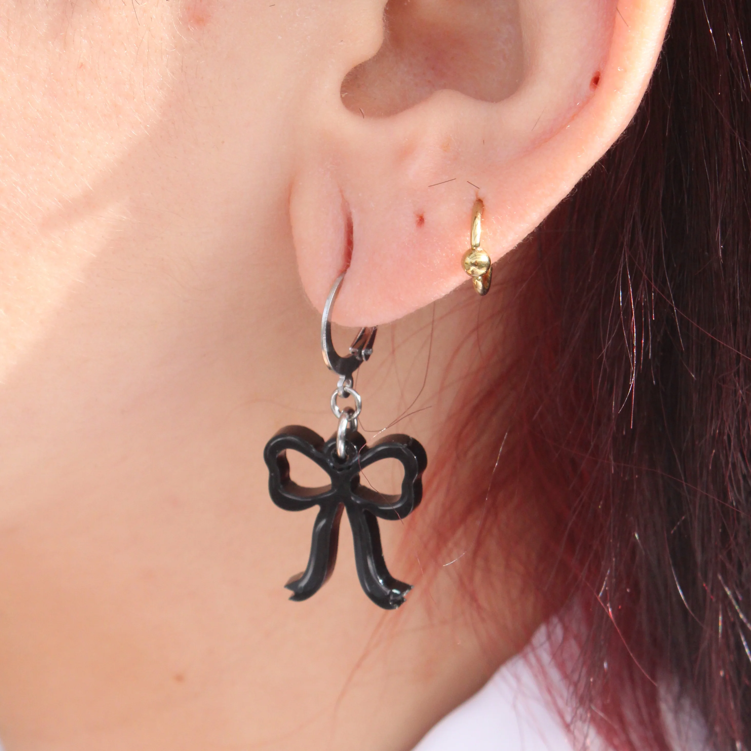 Mini Black Bow Huggie Hoop Earrings - Image 4