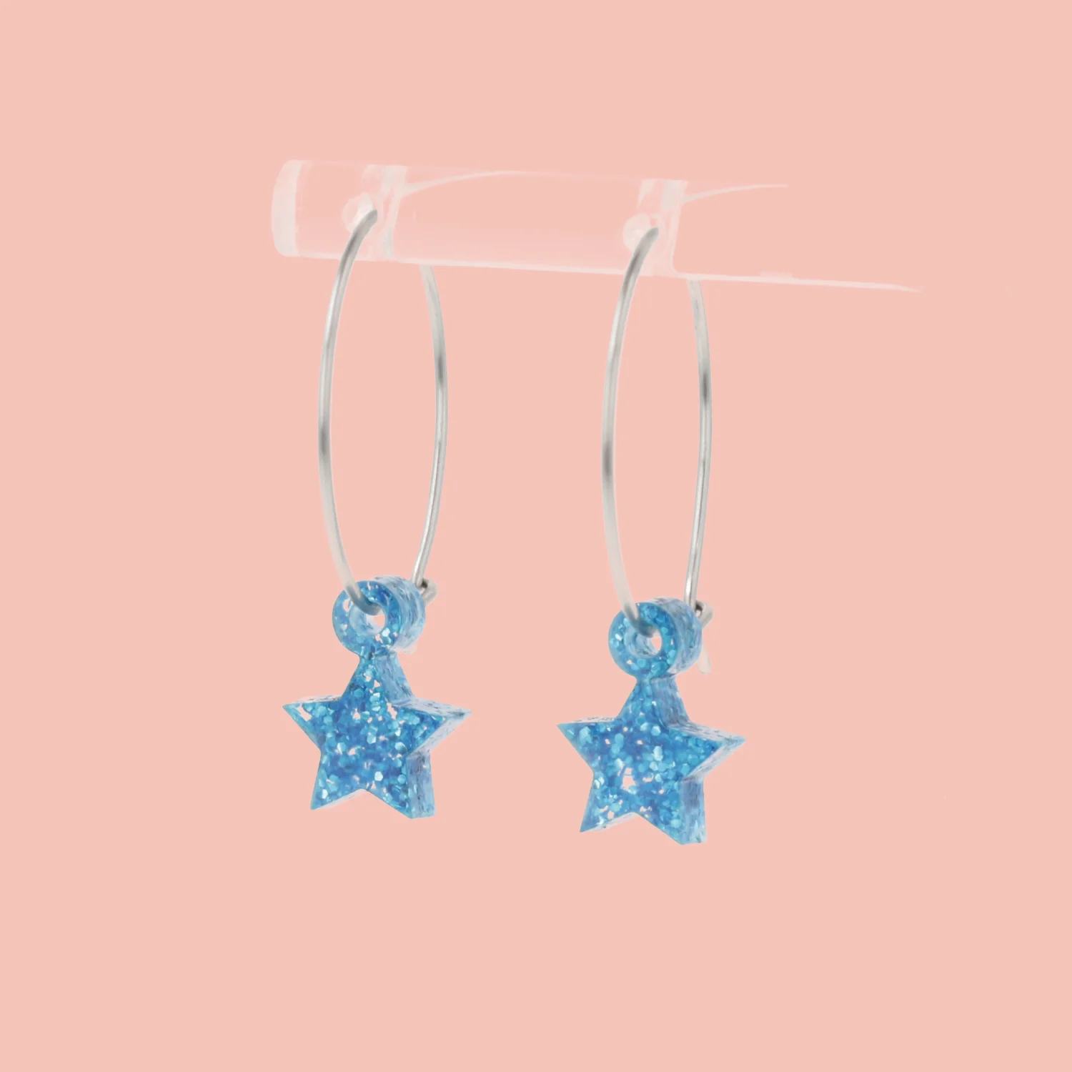 Mini Blue Glitter Star Hoop Earrings - Image 3