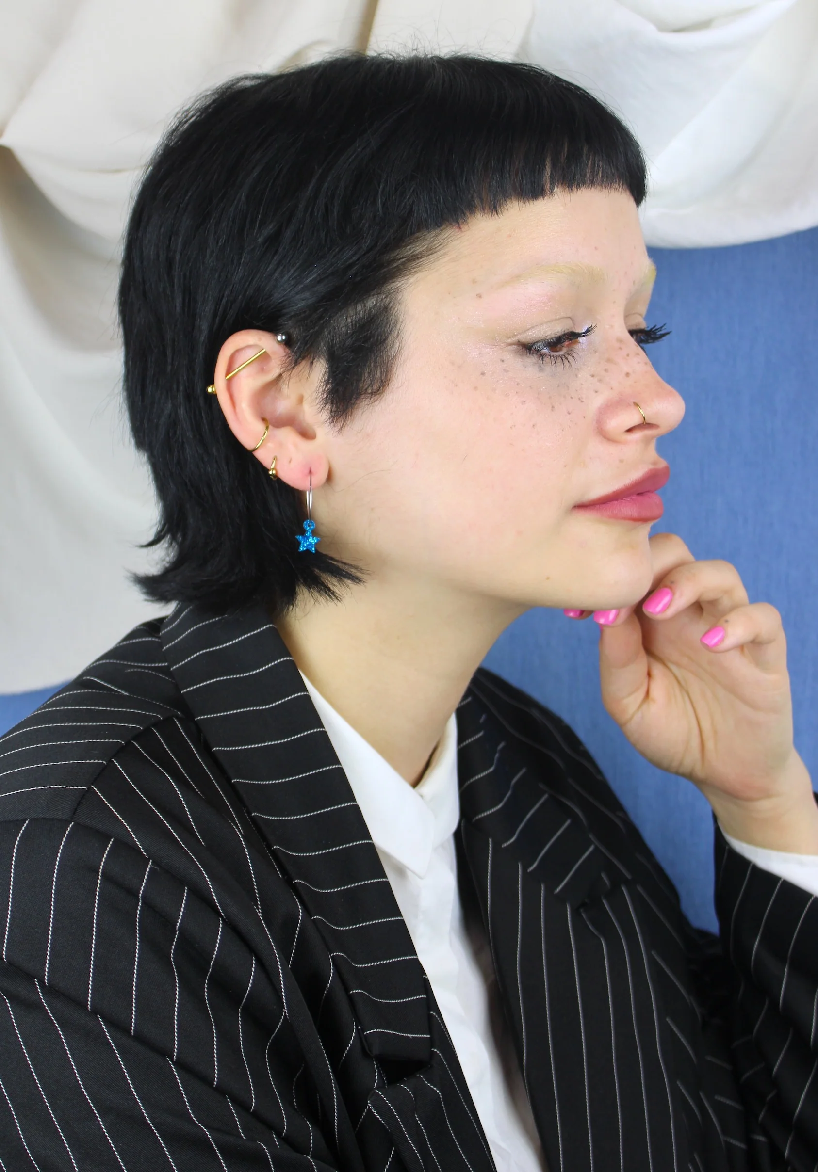 Mini Blue Glitter Star Hoop Earrings - Image 4