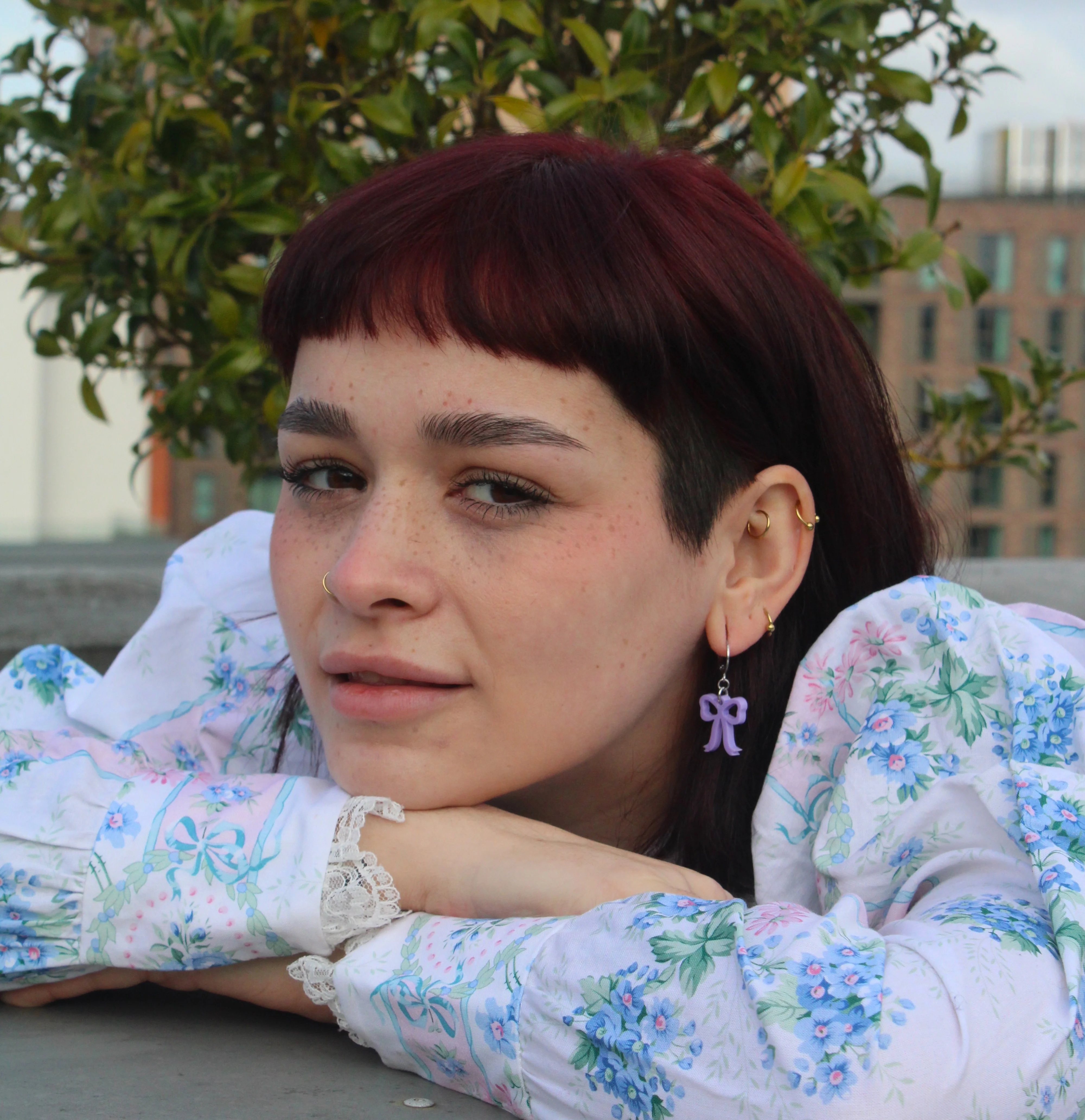 Mini Lilac Bow Huggie Hoop Earrings - Image 2