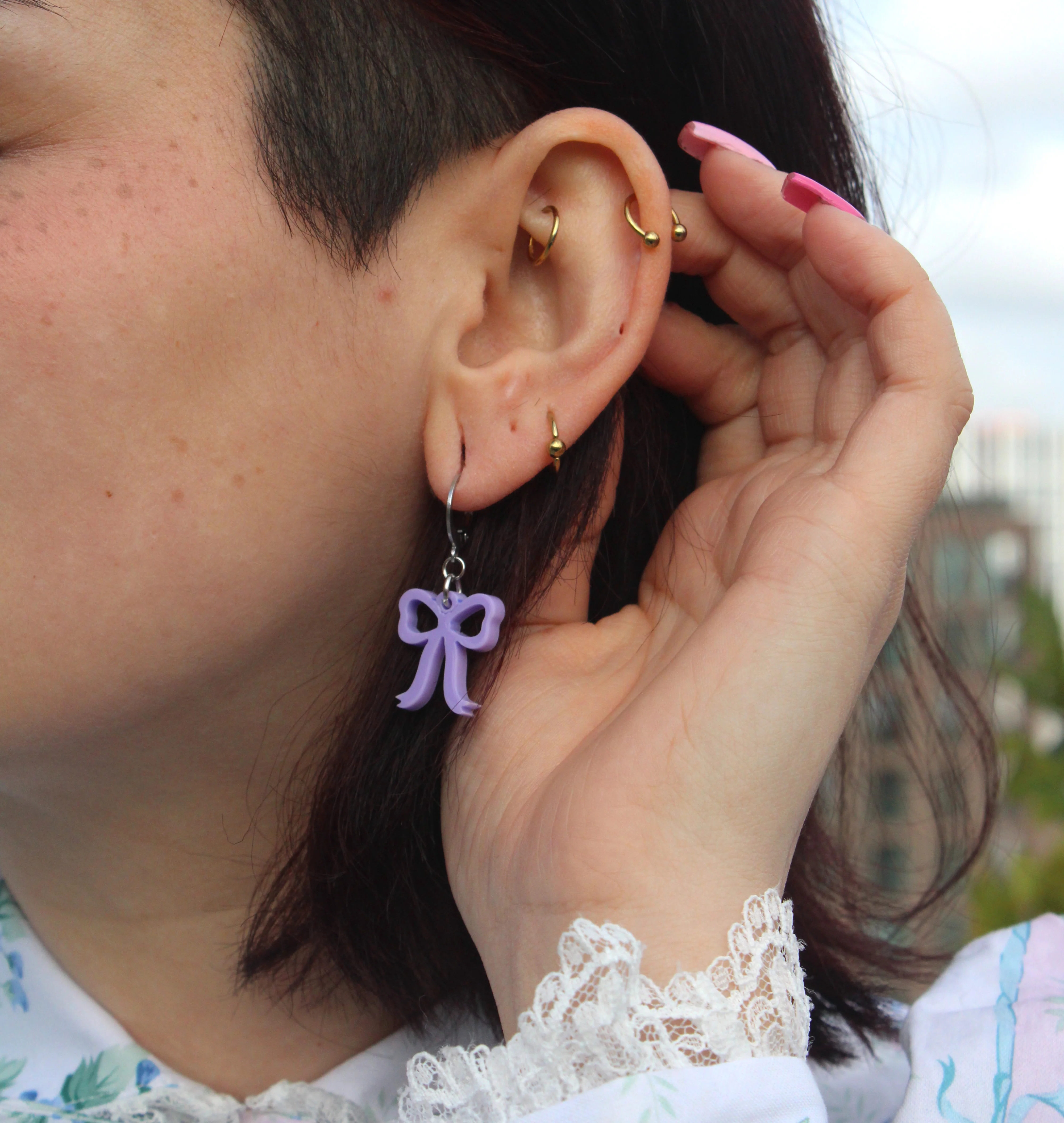 Mini Lilac Bow Huggie Hoop Earrings - Image 5