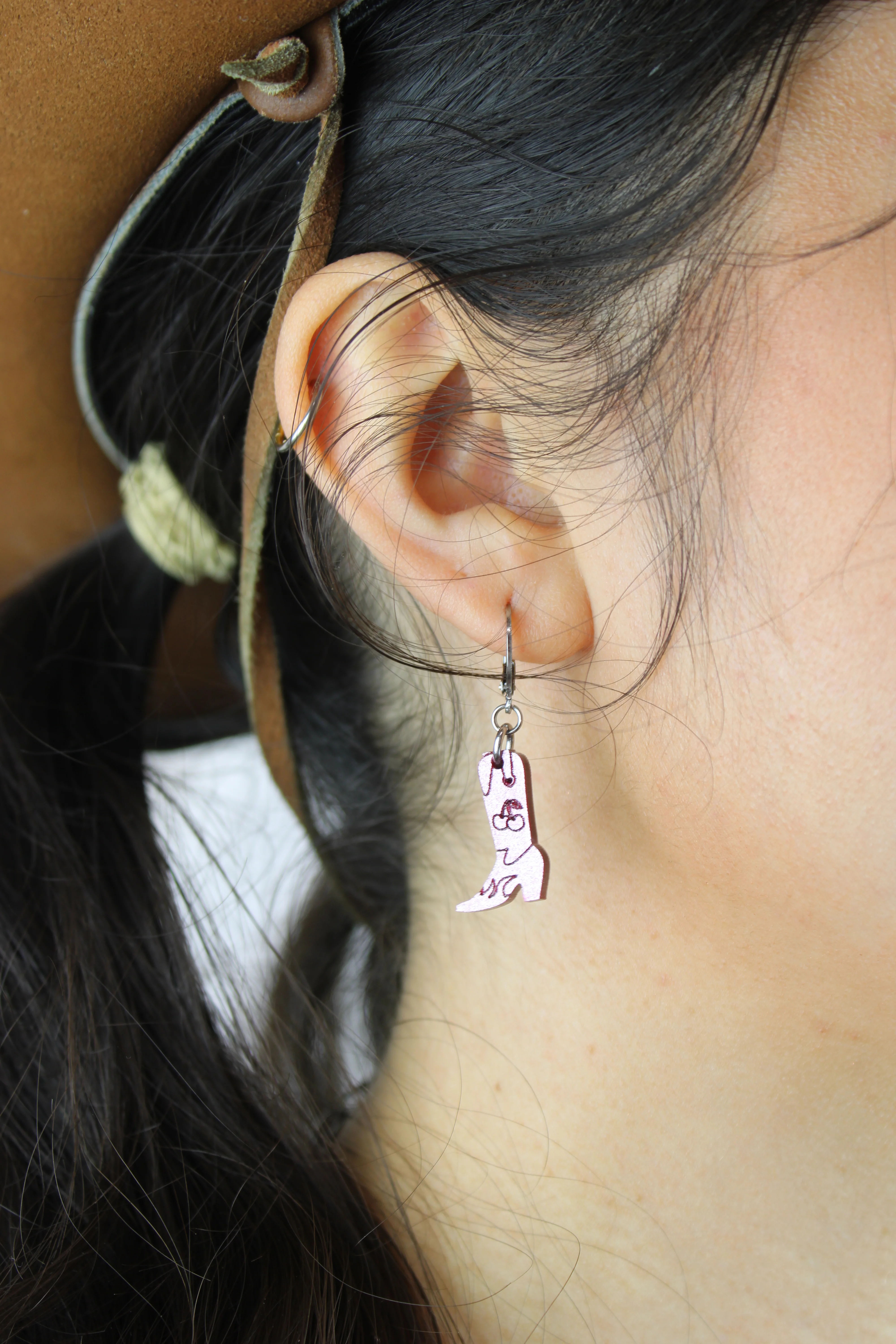 Mini Pink Cowboy Boot Huggie Hoop Earrings - Image 2