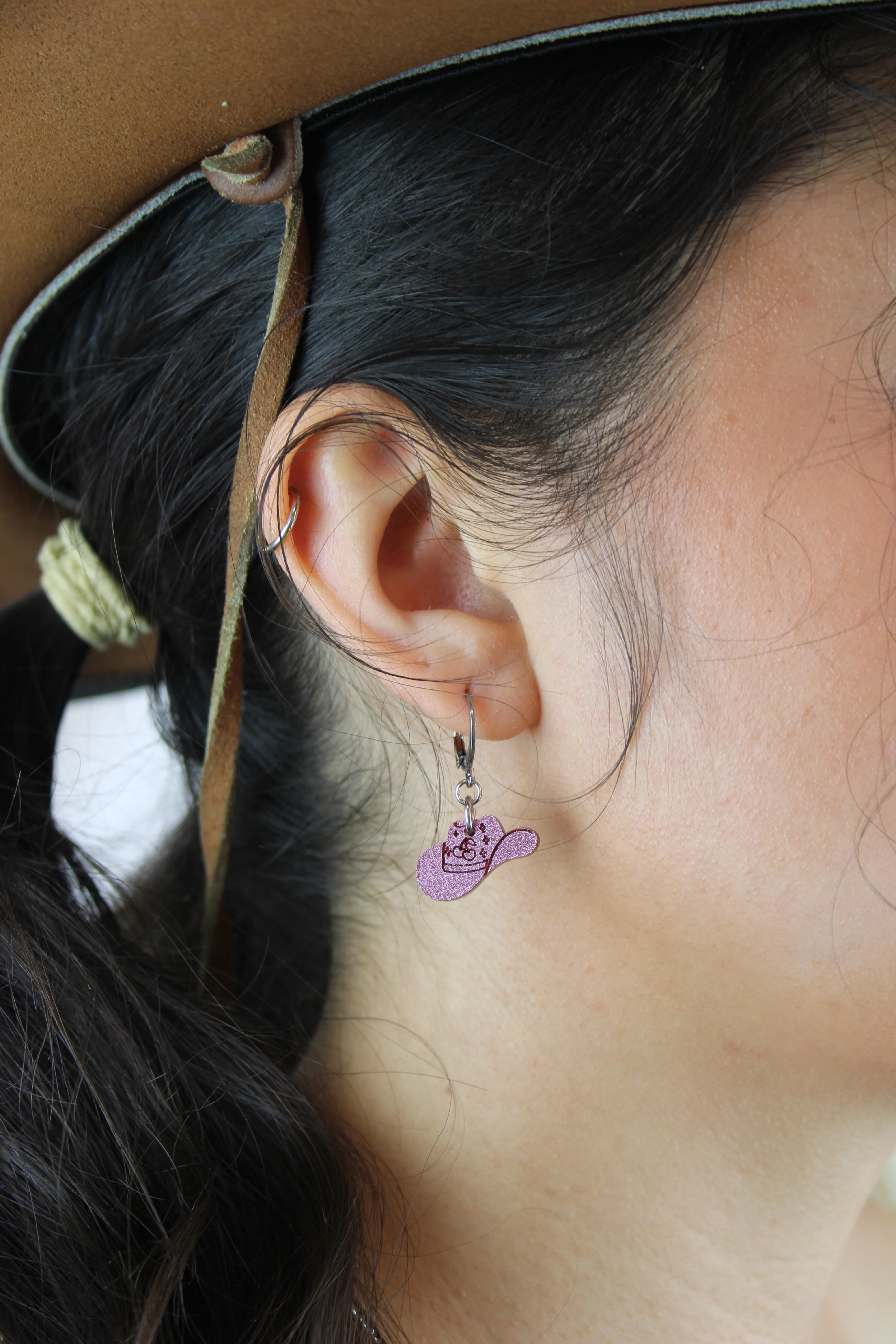 Mini Pink Cowboy Hat Huggie Hoop Earrings - Image 3