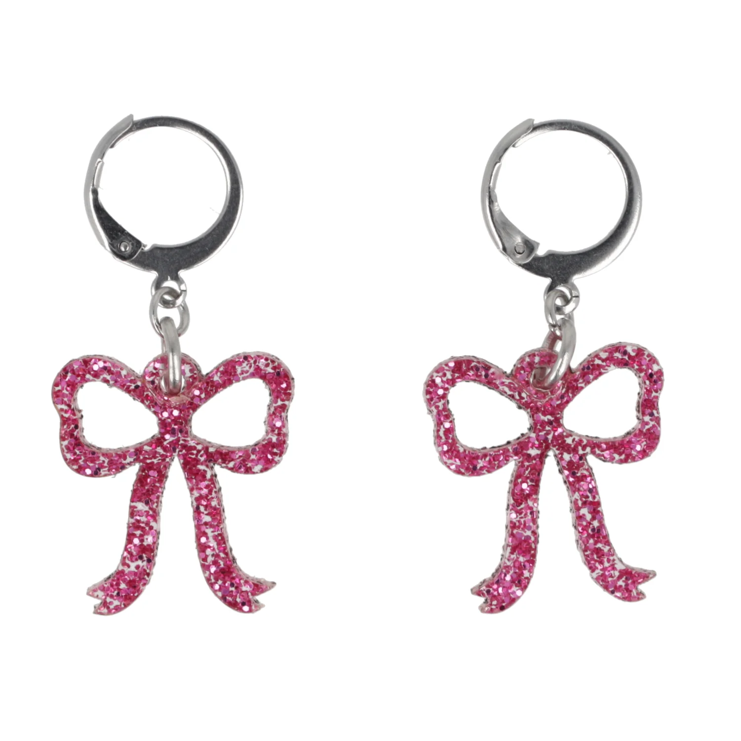 Mini Pink Glitter Bow Huggie Hoop Earrings - Image 3