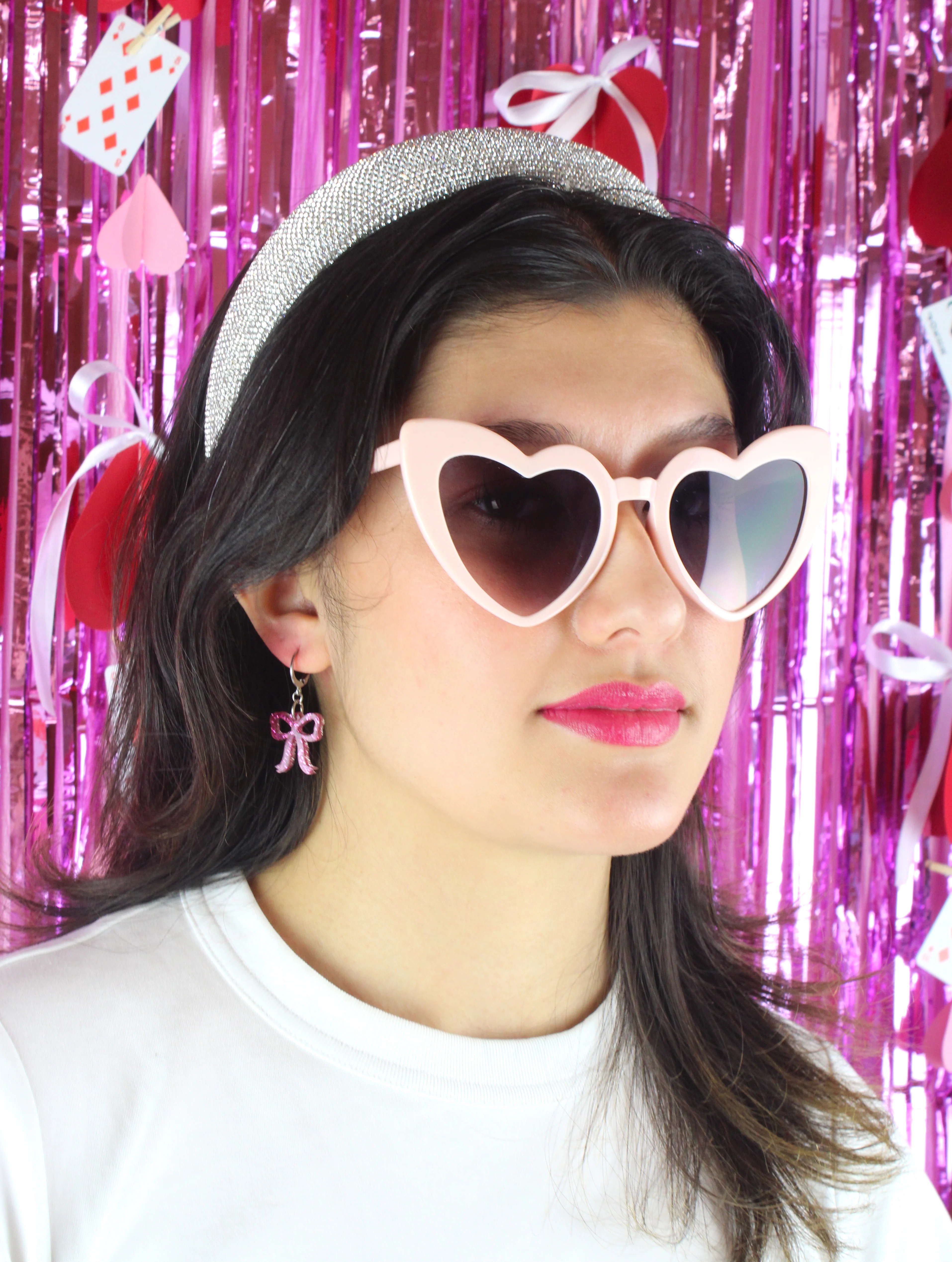Mini Pink Glitter Bow Huggie Hoop Earrings - Image 7