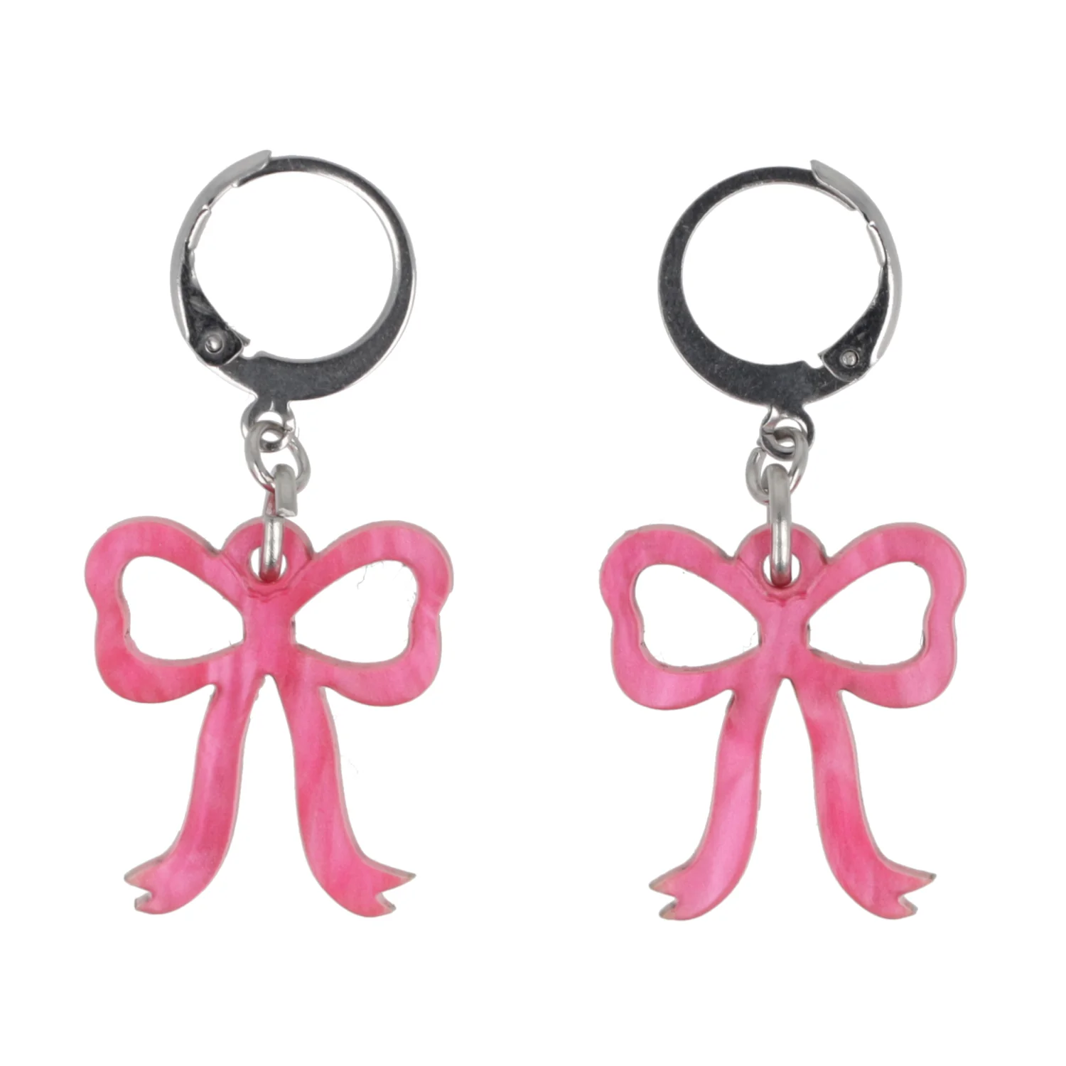 Mini Pink Marble Bow Huggie Hoop Earrings - Image 3
