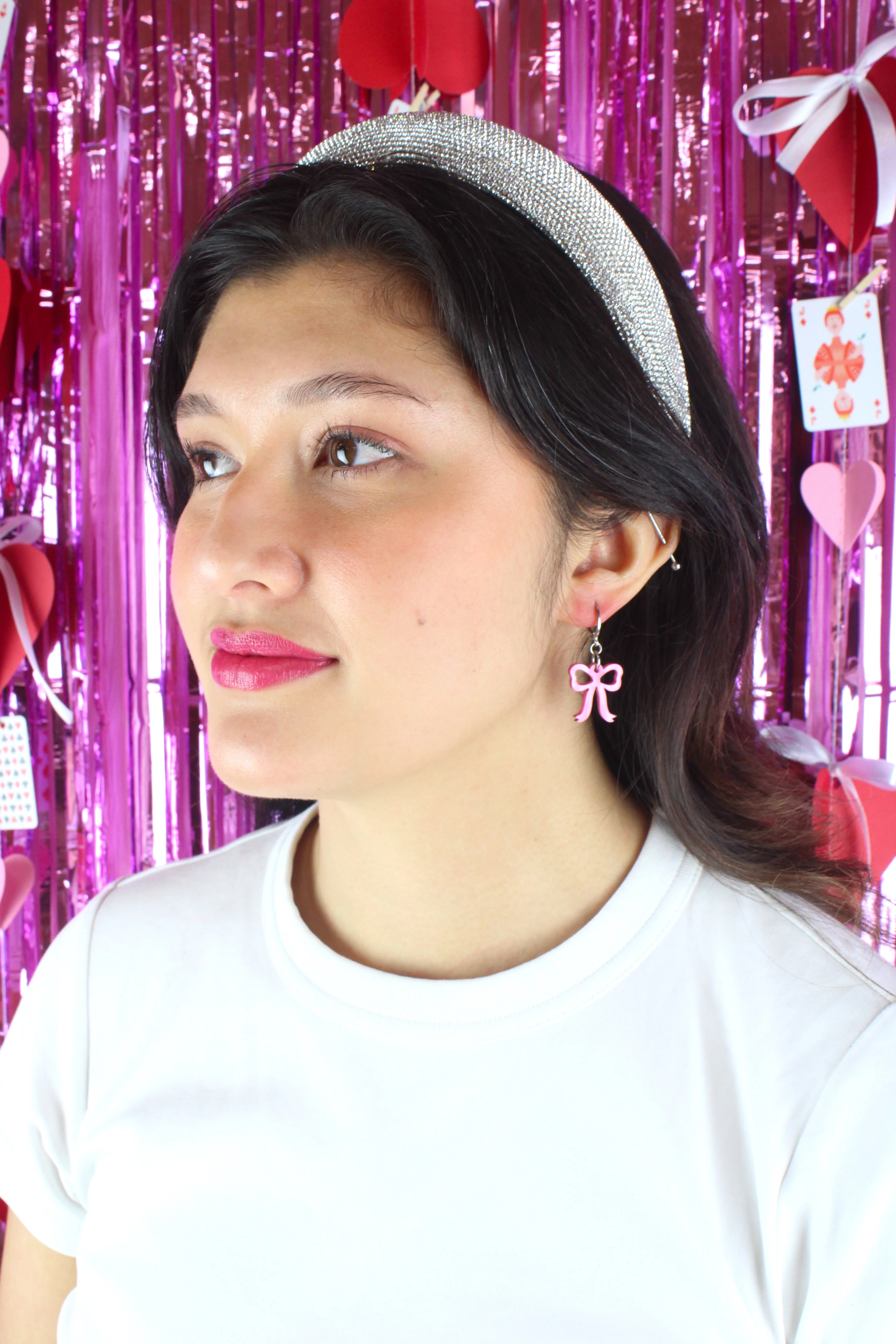 Mini Pink Marble Bow Huggie Hoop Earrings - Image 4