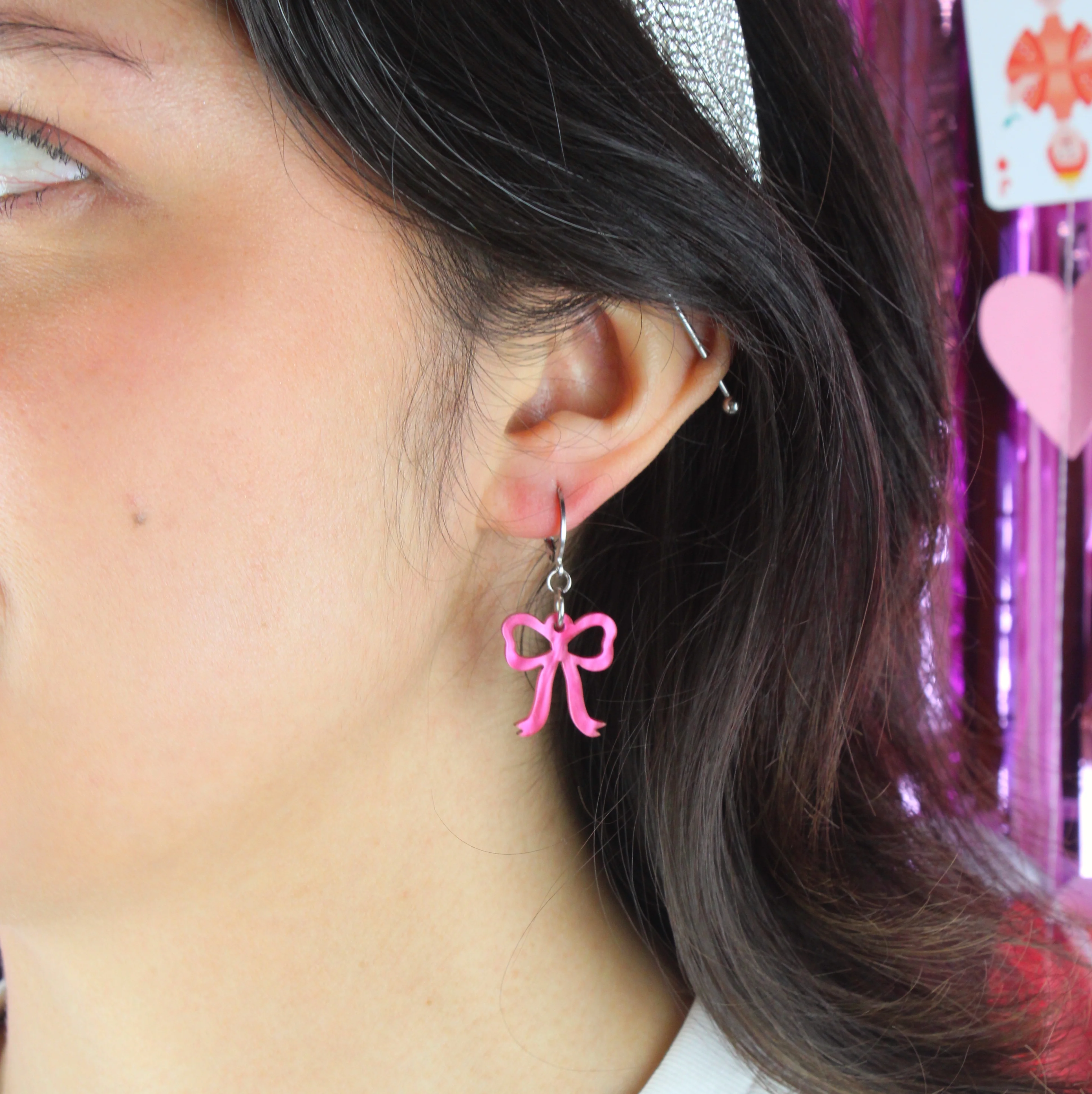 Mini Pink Marble Bow Huggie Hoop Earrings - Image 5