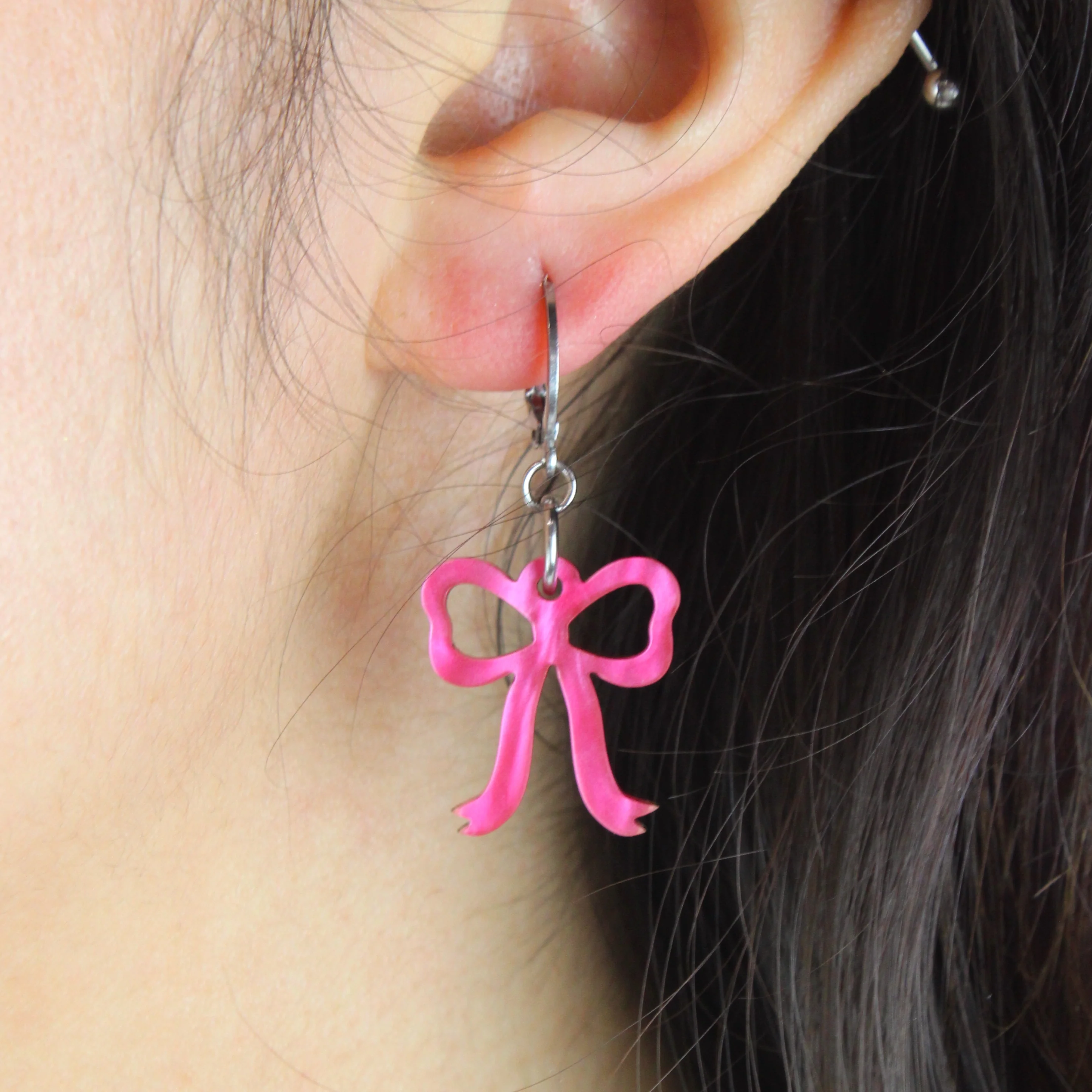 Mini Pink Marble Bow Huggie Hoop Earrings - Image 6