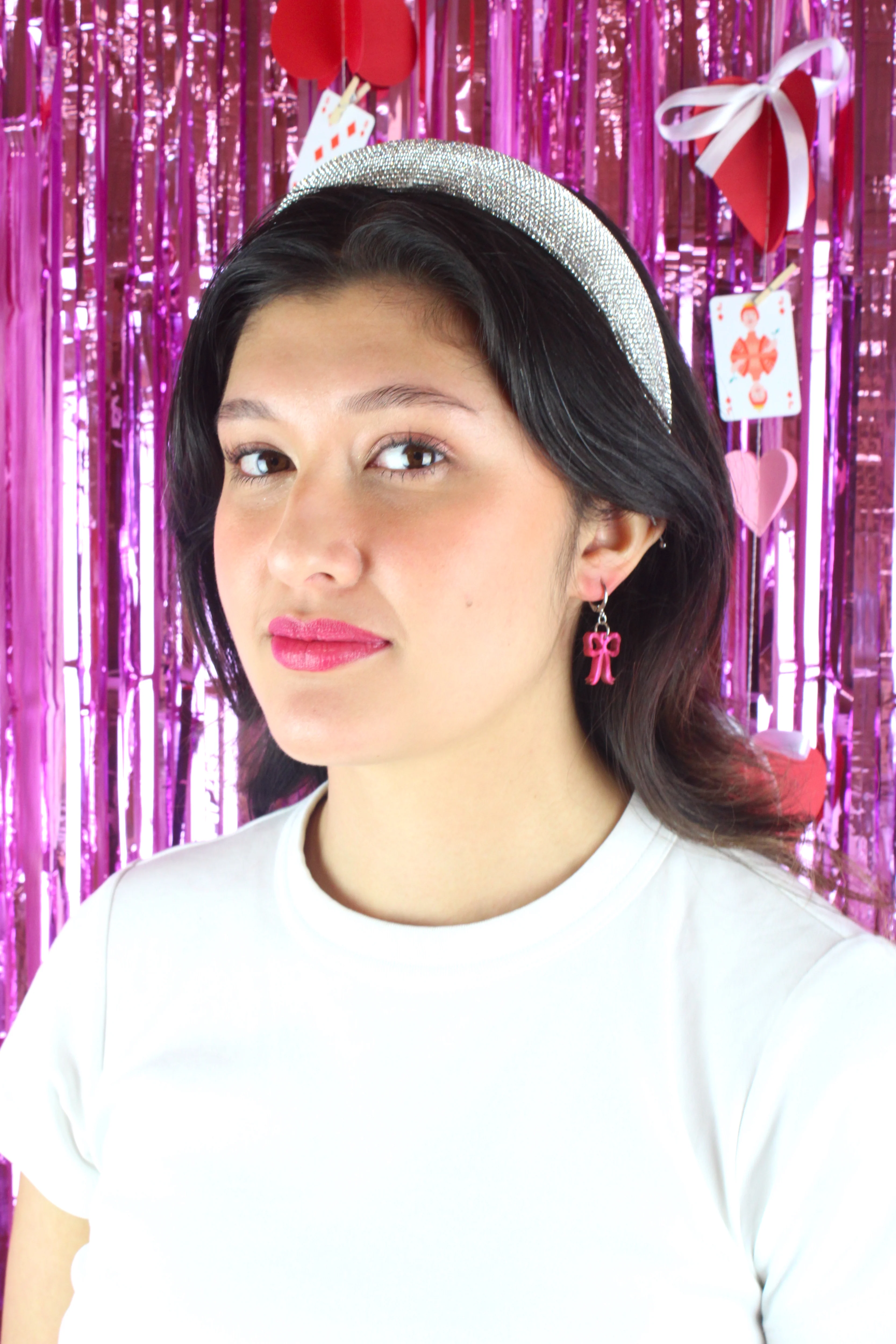 Mini Pink Marble Bow Huggie Hoop Earrings - Image 7