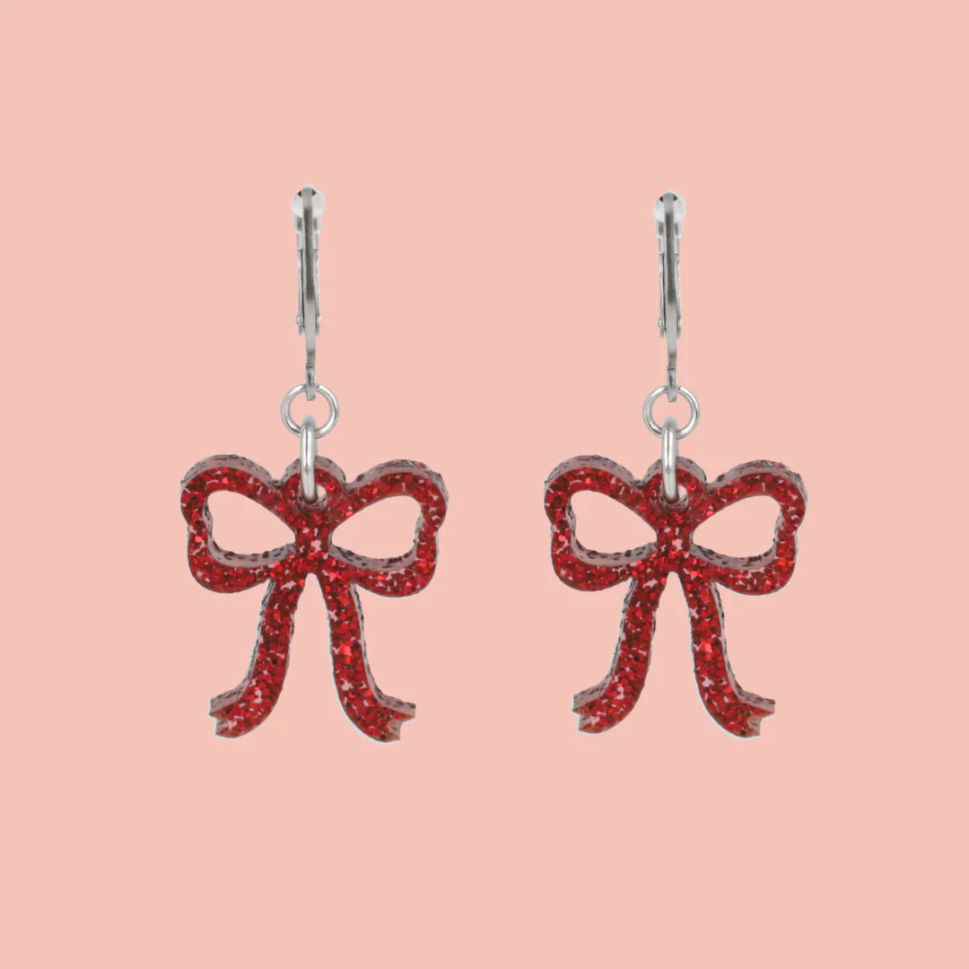 Mini Red Glitter Bow Huggie Hoop Earrings
