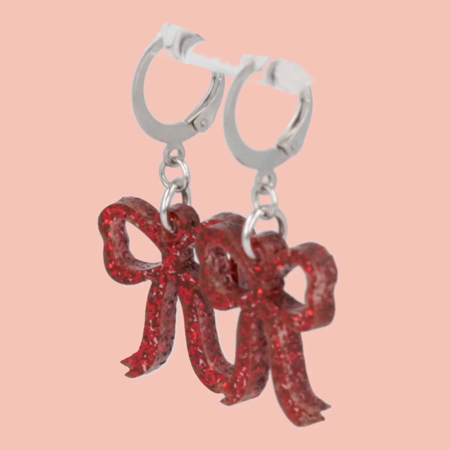 Mini Red Glitter Bow Huggie Hoop Earrings - Image 3