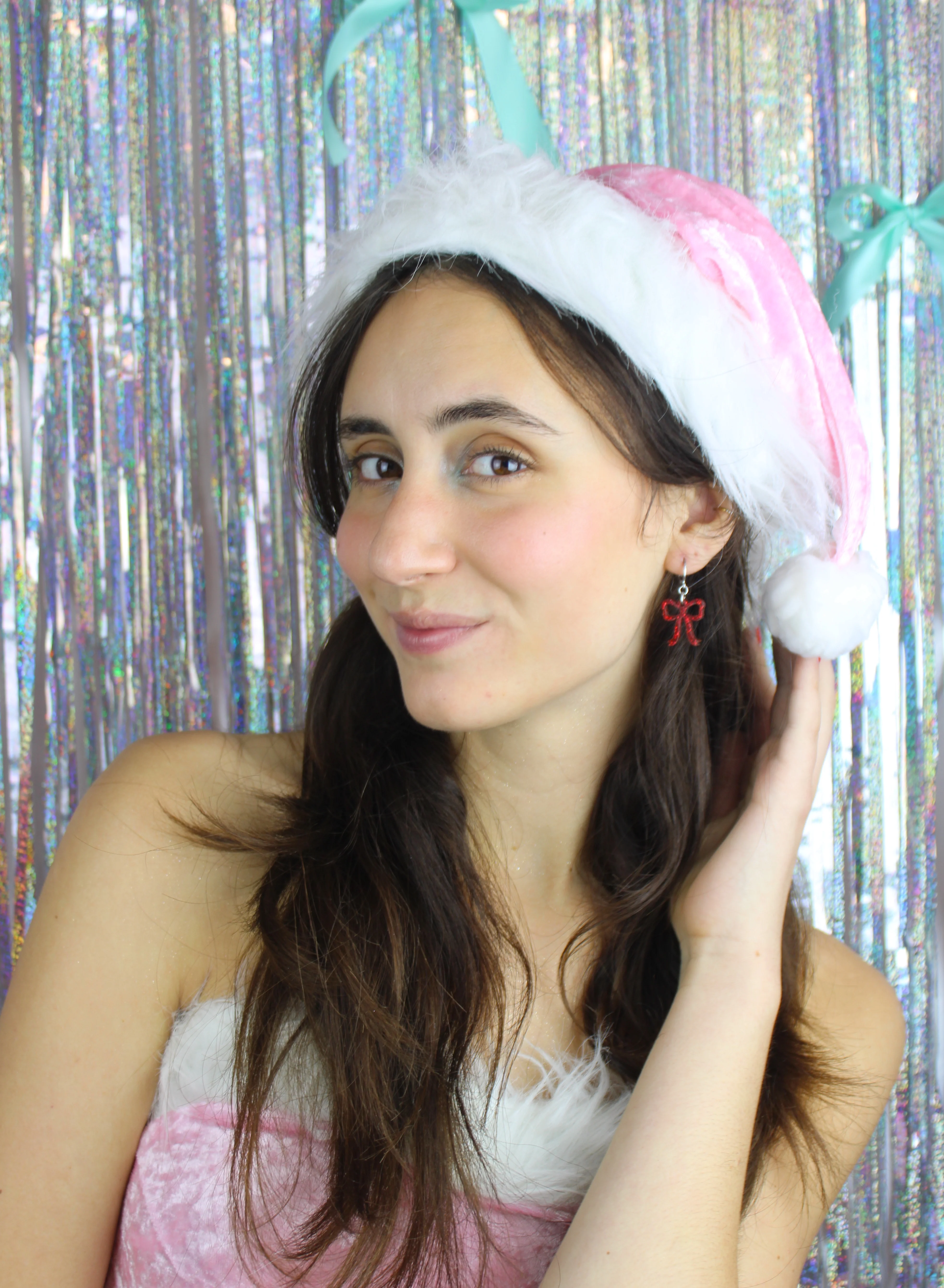Mini Red Glitter Bow Huggie Hoop Earrings - Image 4