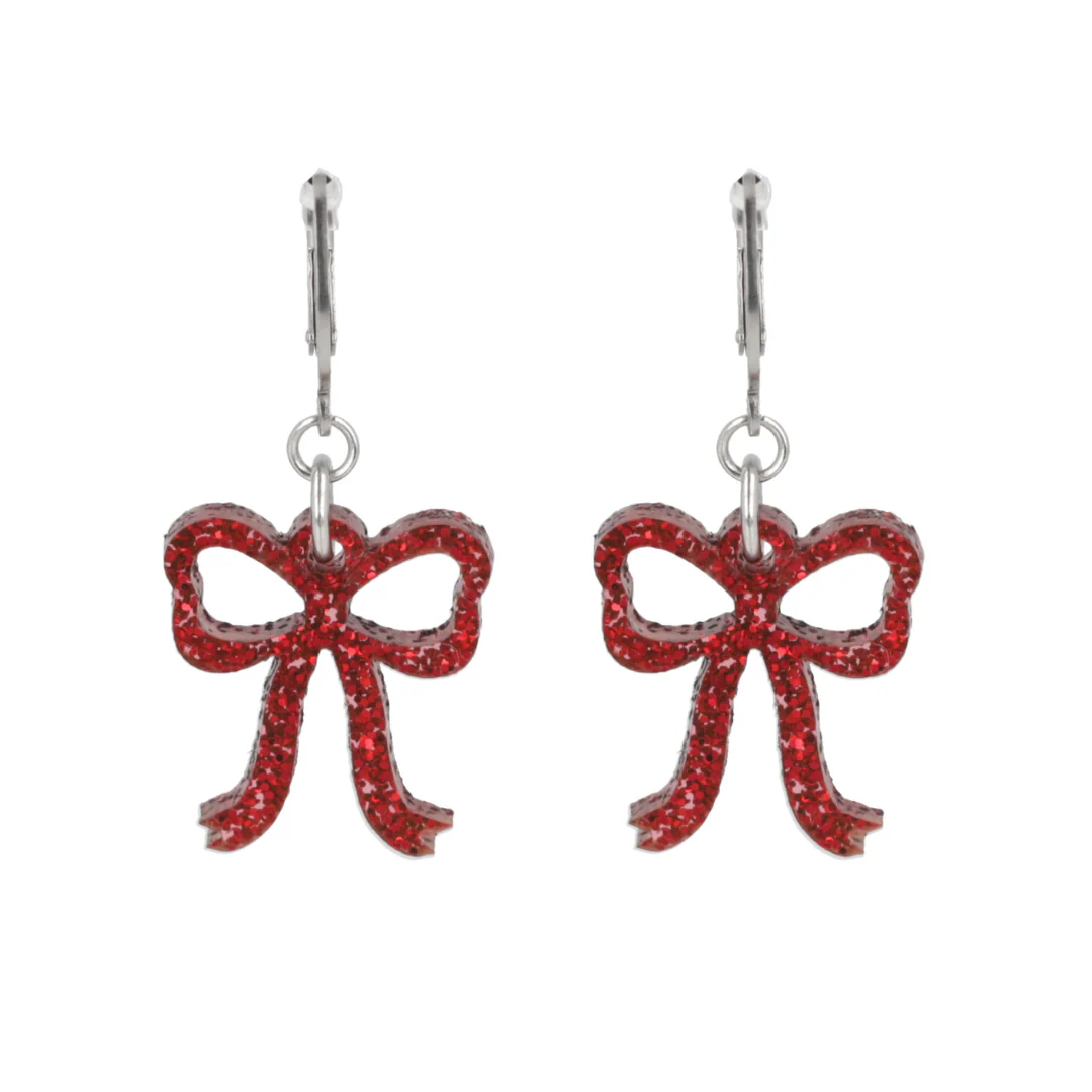 Mini Red Glitter Bow Huggie Hoop Earrings - Image 5