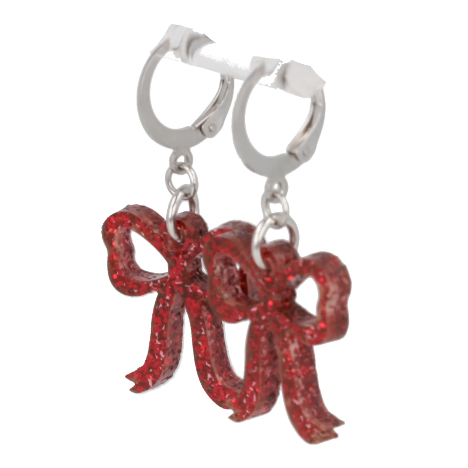 Mini Red Glitter Bow Huggie Hoop Earrings - Image 6
