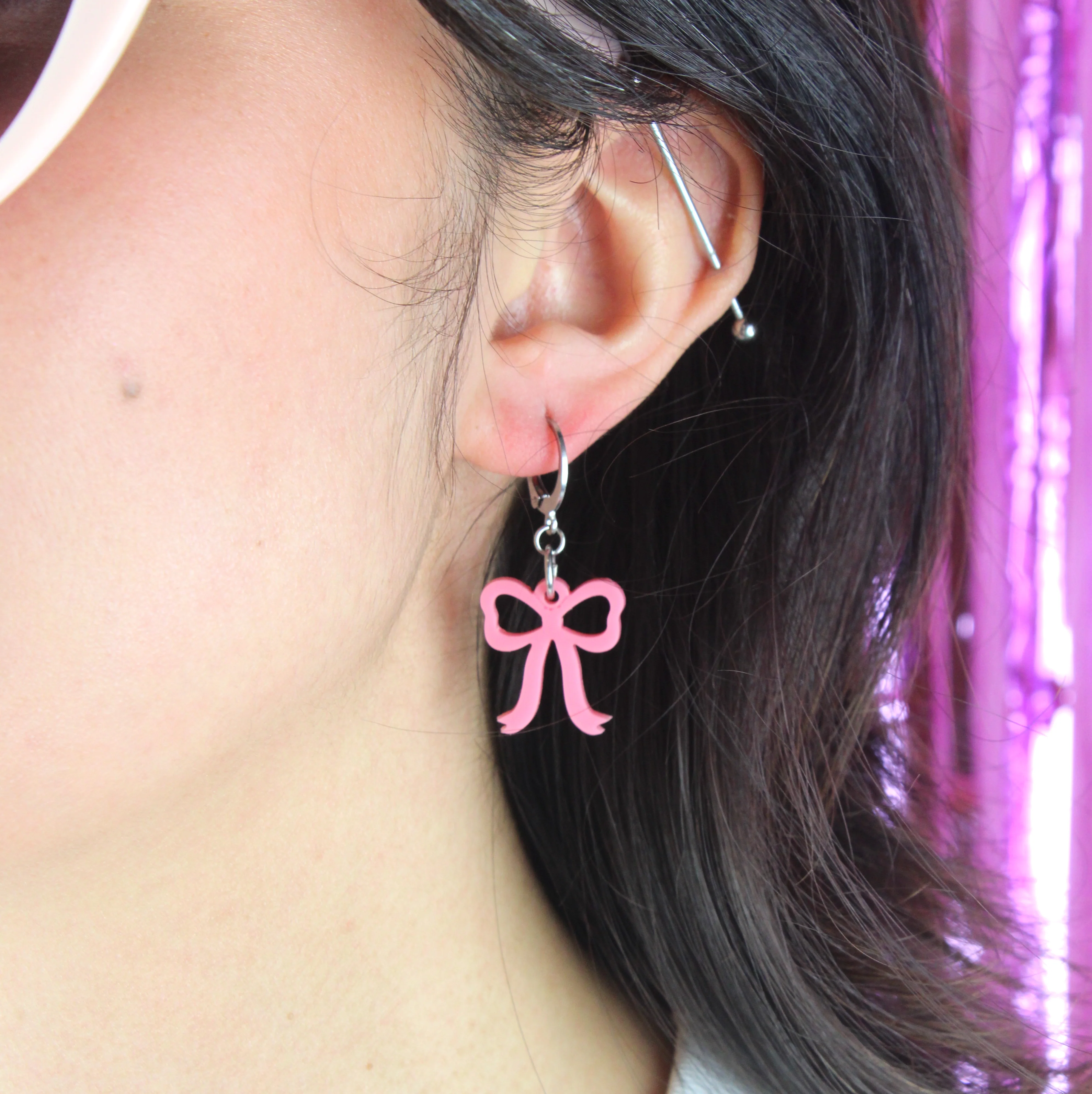 Mini Rose Pink Bow Huggie Hoop Earrings - Image 4