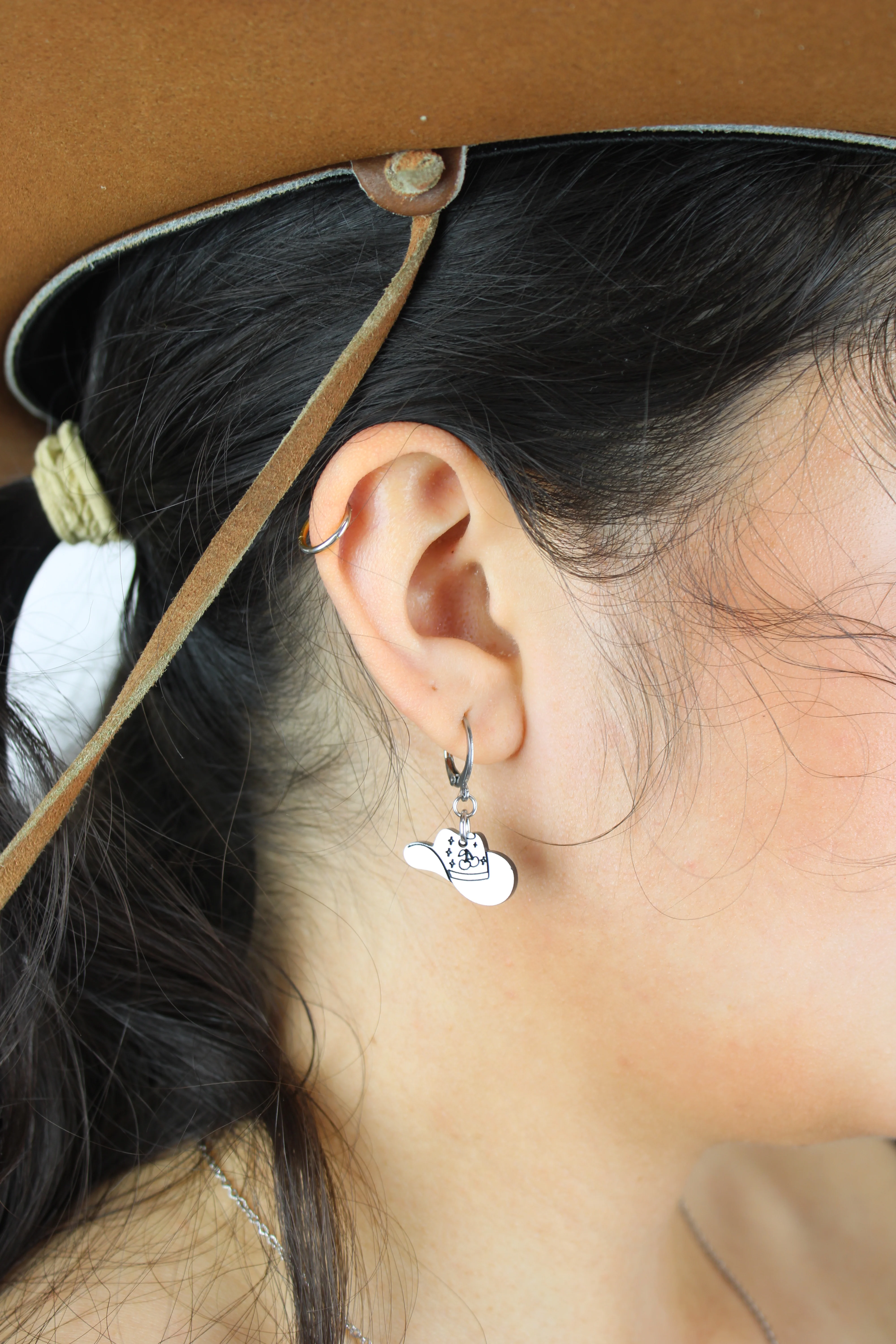 Mini Silver Cowboy Hat Huggie Hoop Earrings - Image 2