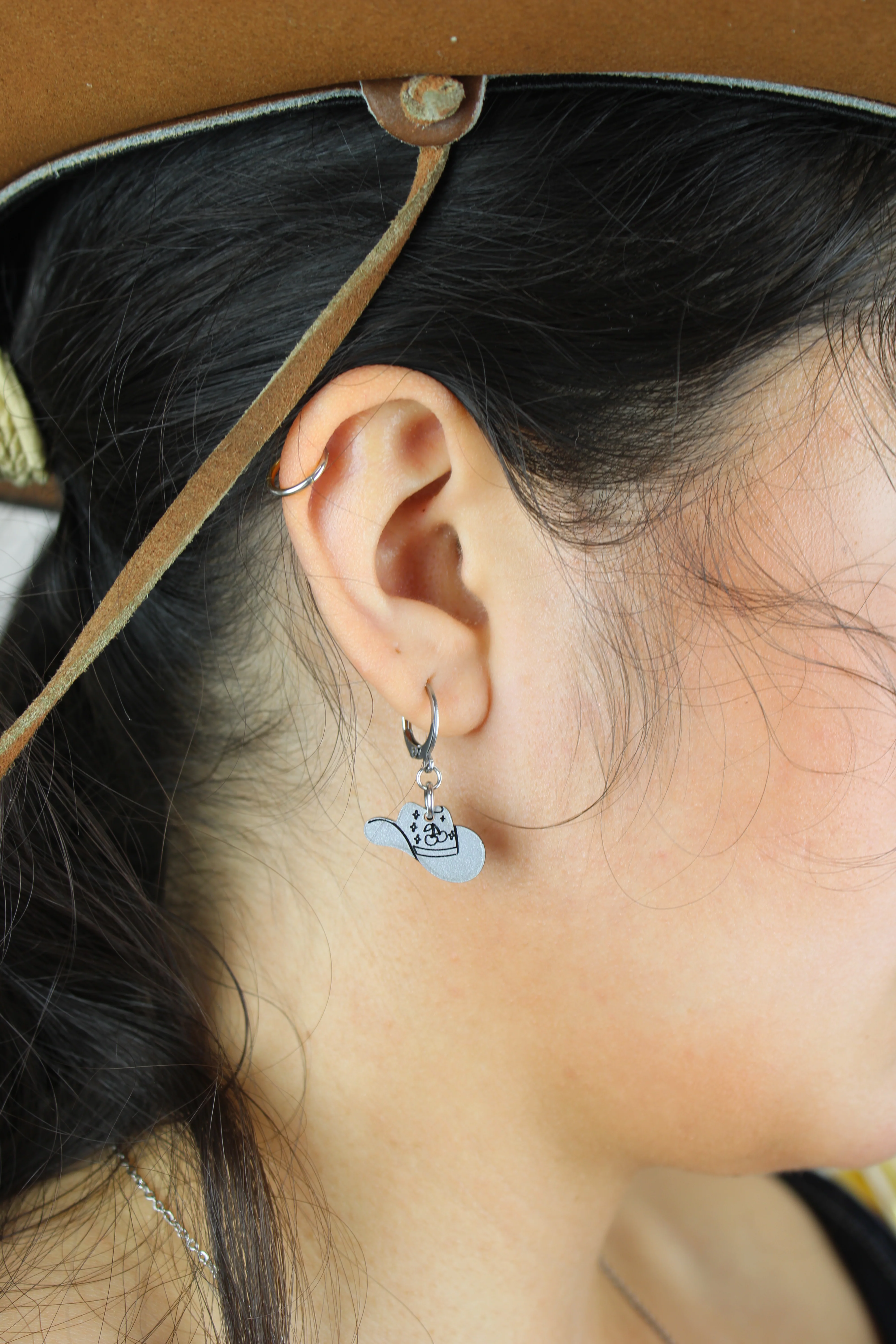 Mini Silver Cowboy Hat Huggie Hoop Earrings - Image 5