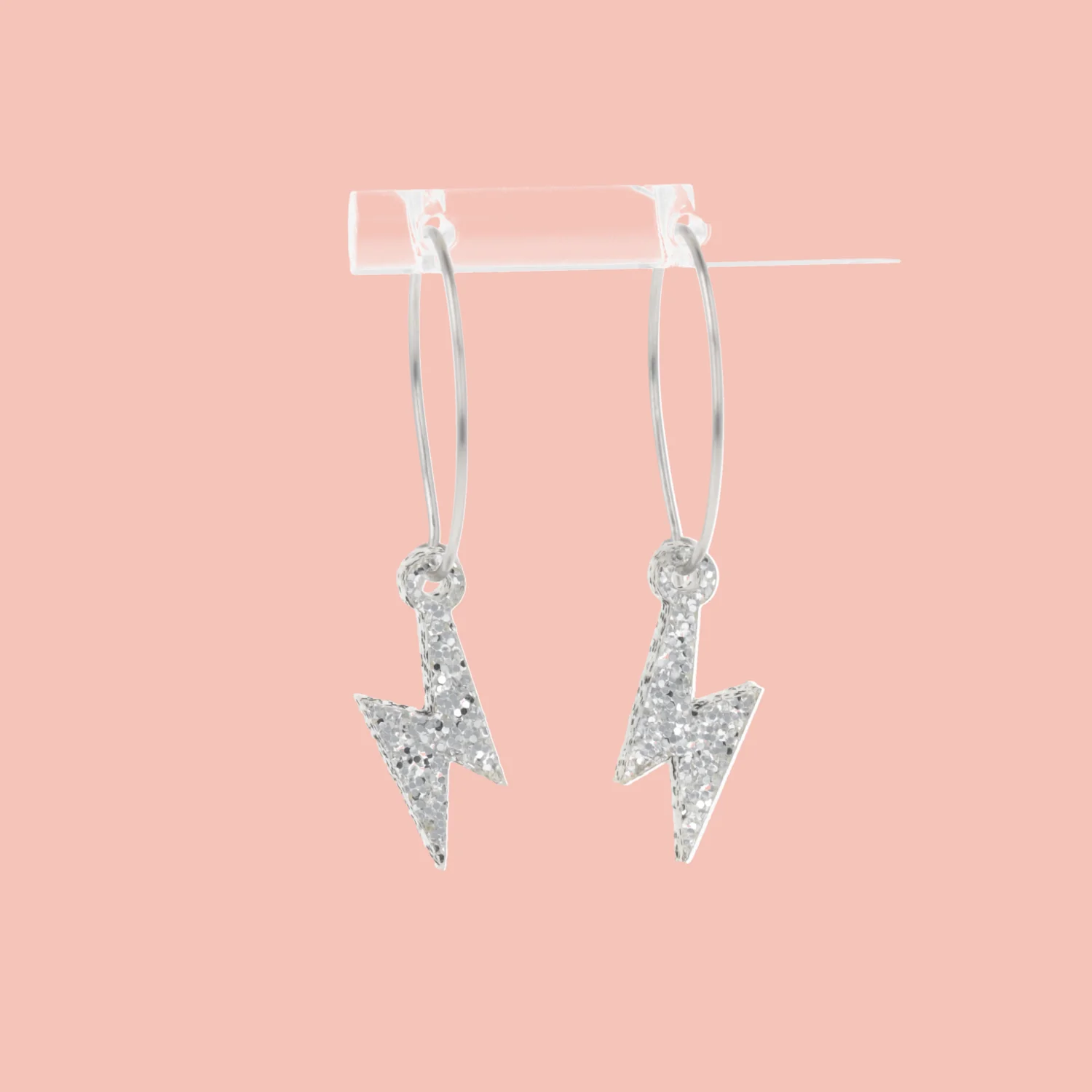 Mini Silver Glitter Lightning Bolt Hoop Earrings - Image 3