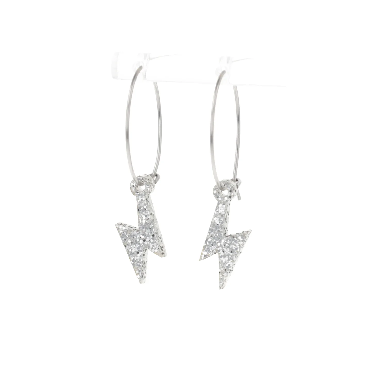 Mini Silver Glitter Lightning Bolt Hoop Earrings - Image 6