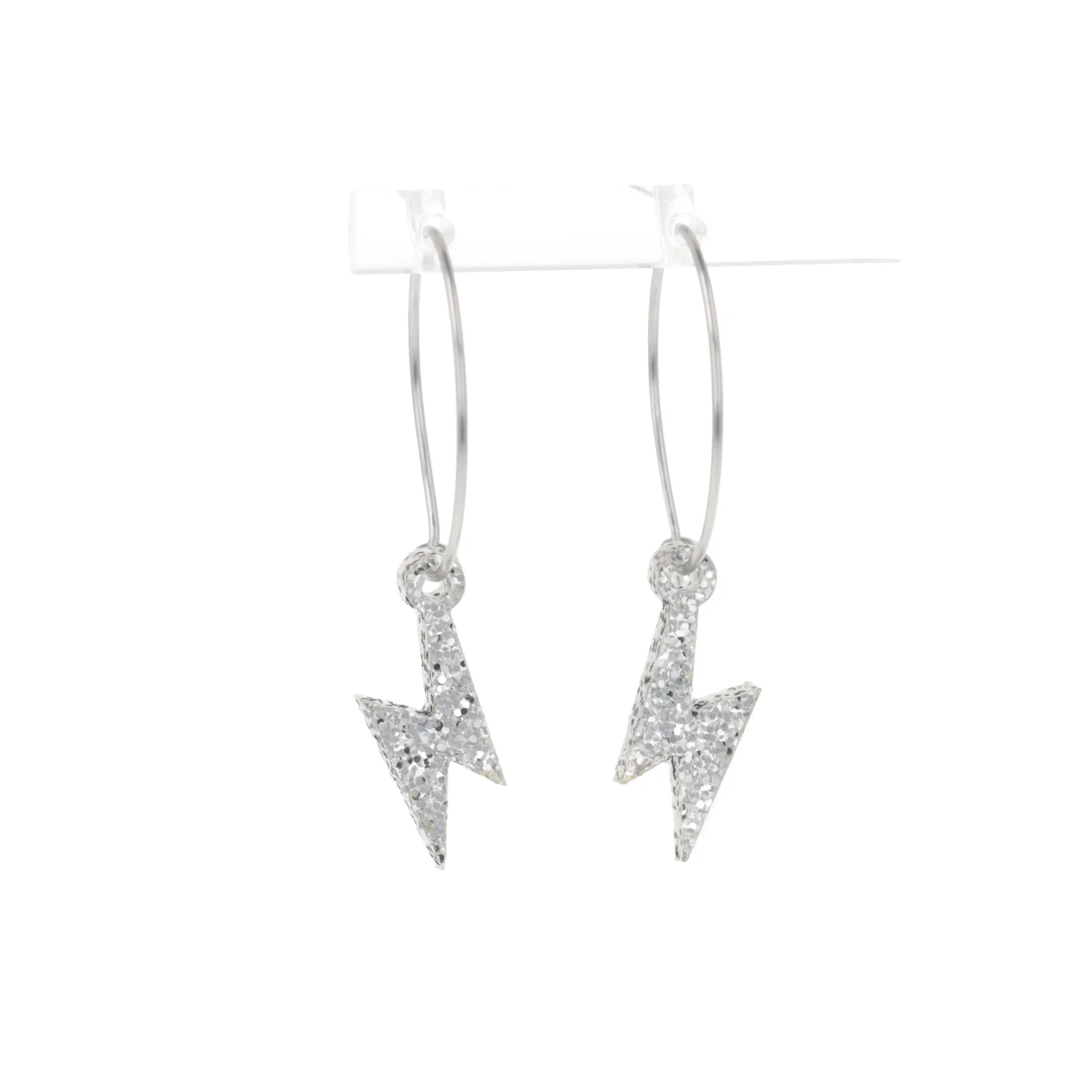 Mini Silver Glitter Lightning Bolt Hoop Earrings - Image 7