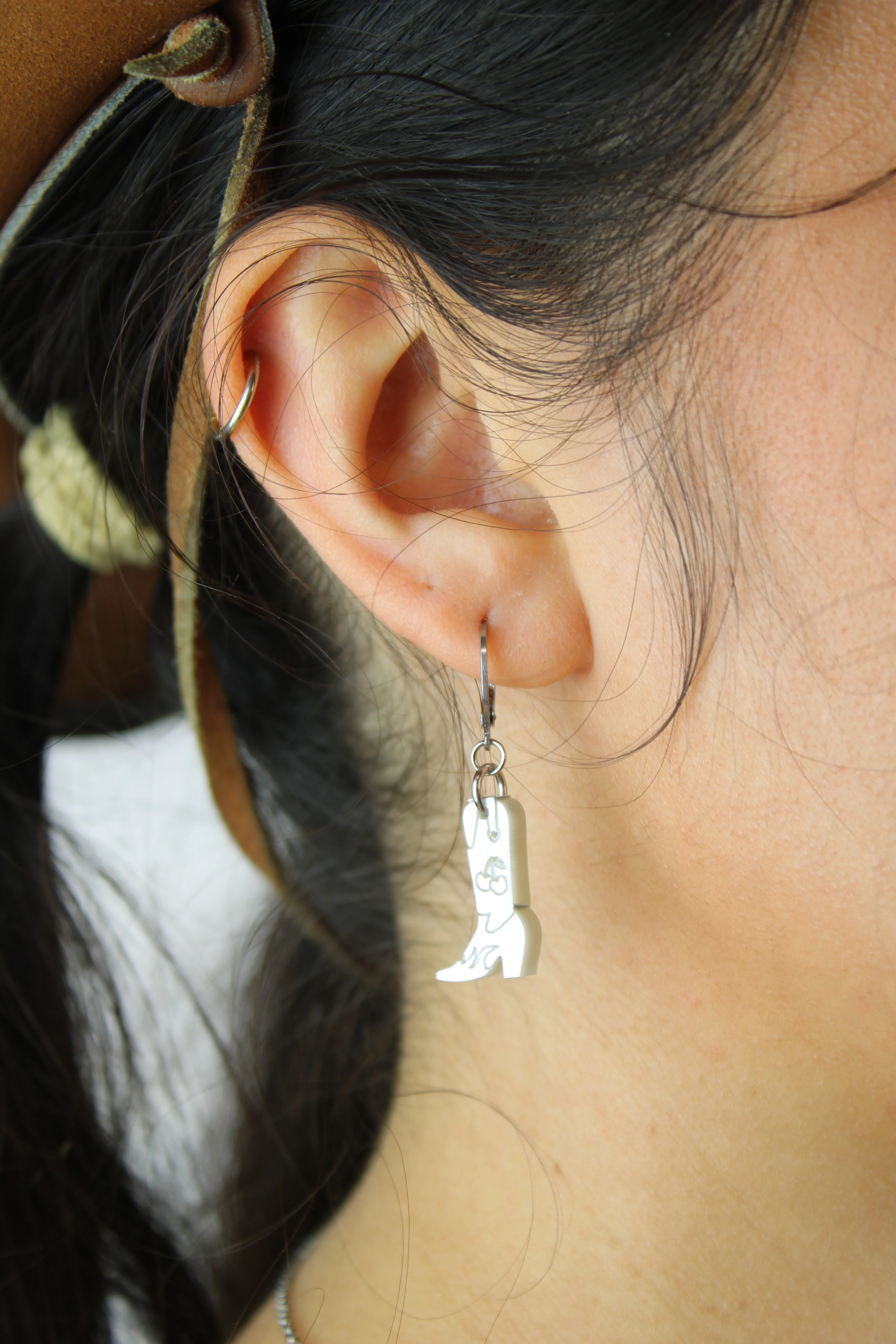 Mini White Cowboy Boot Huggie Hoop Earrings - Image 2