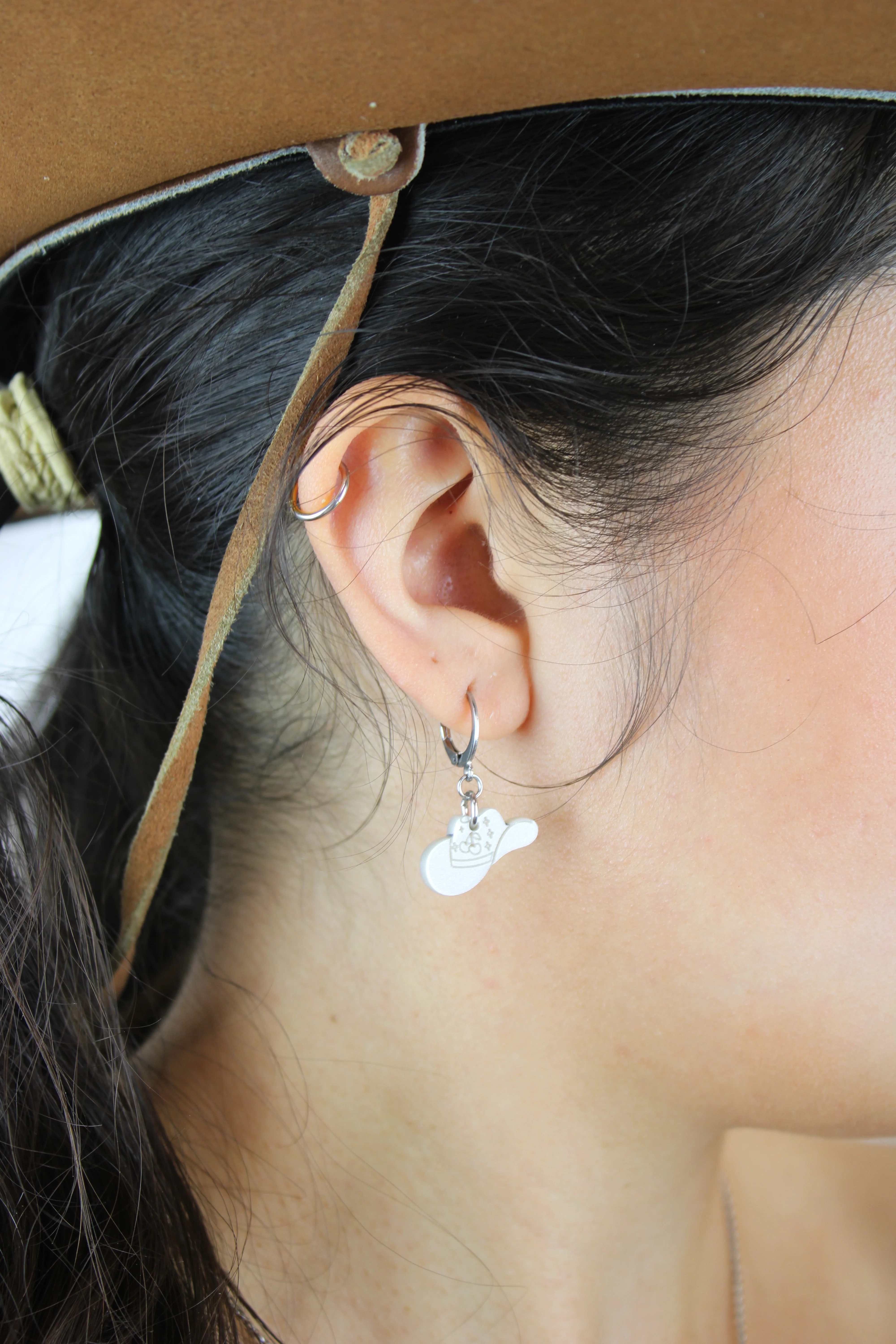 Mini White Cowboy Hat Huggie Hoop Earrings - Image 2