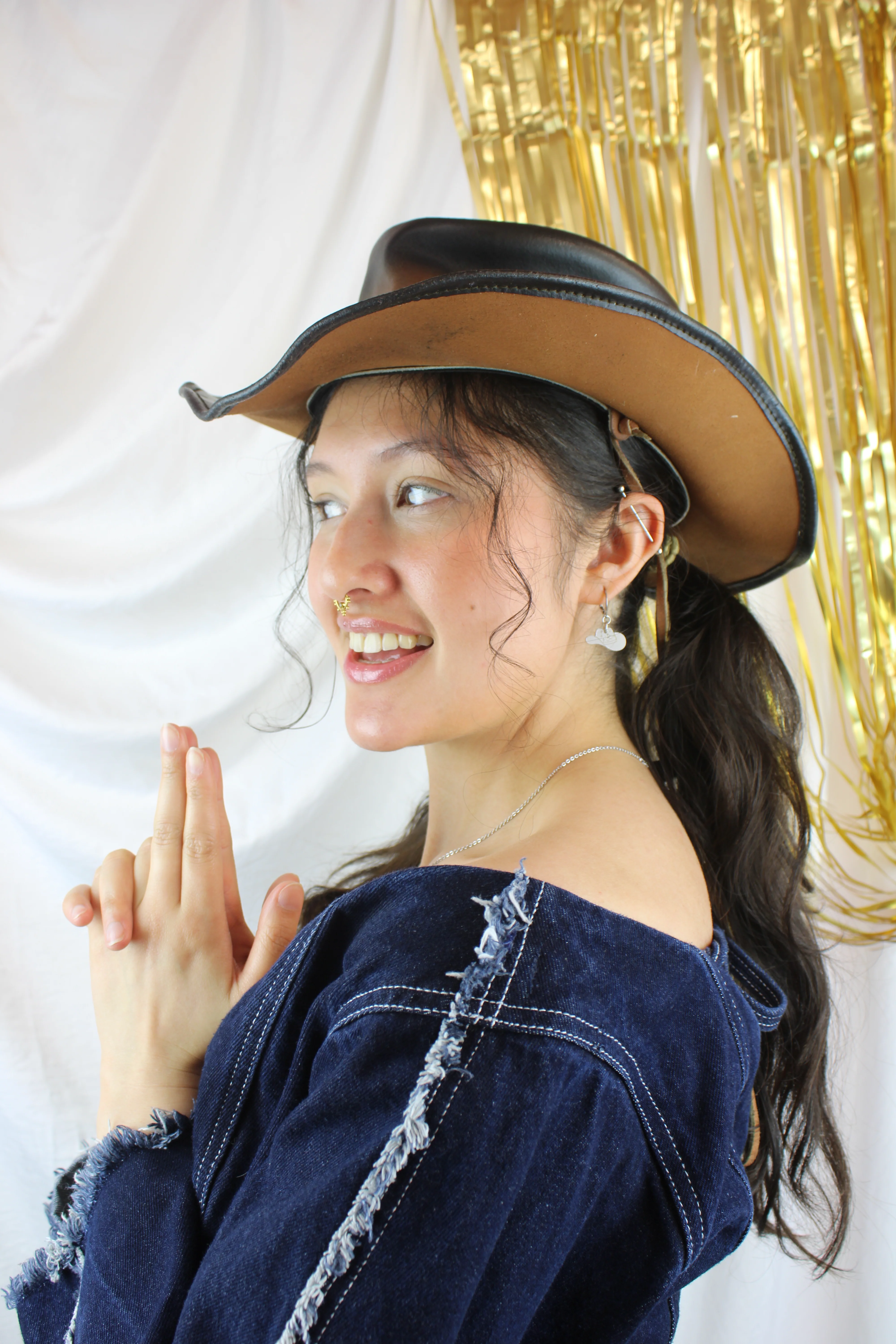 Mini White Cowboy Hat Huggie Hoop Earrings - Image 4