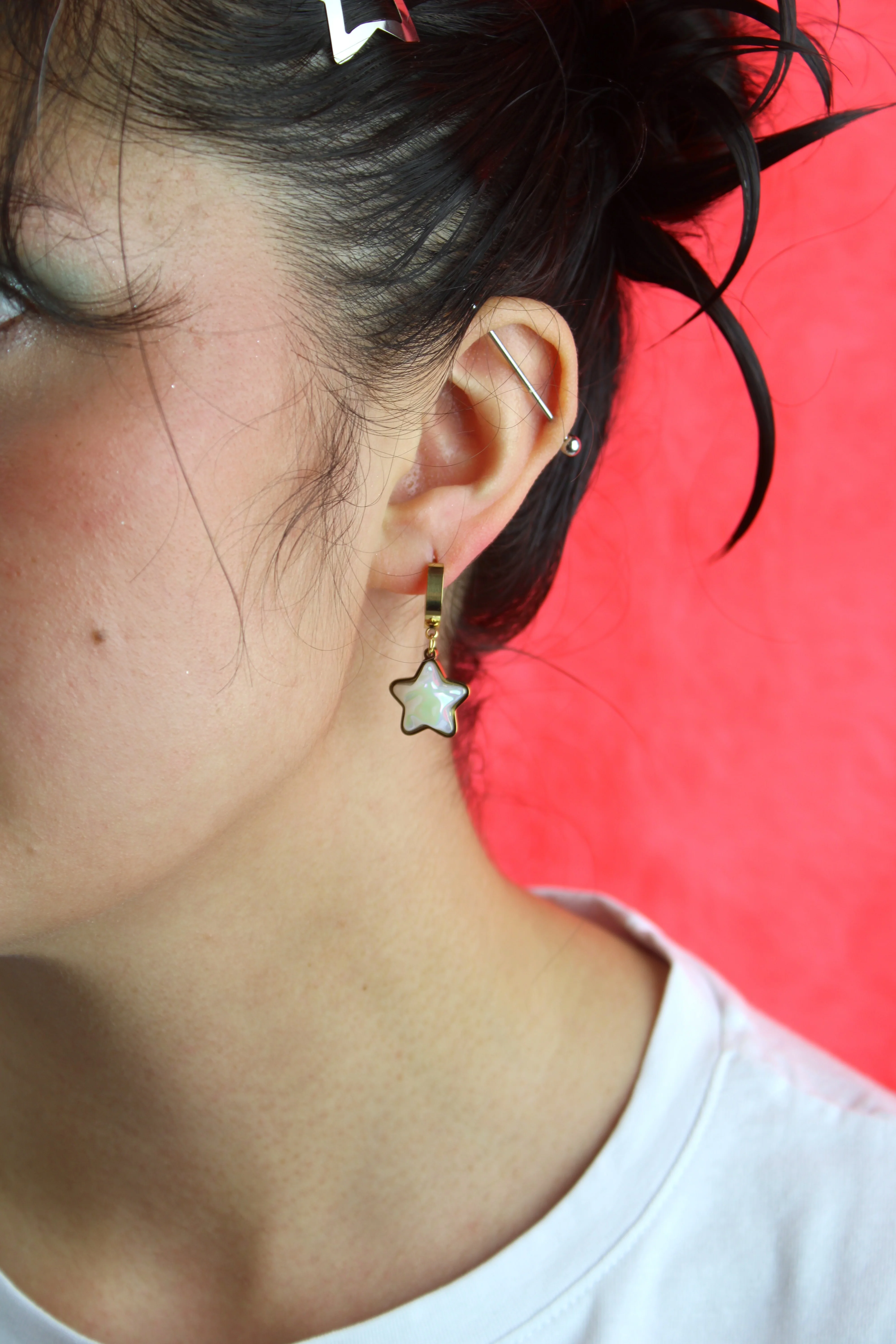 Opal Star Huggie Hoop Earrings (Gold Plated) - Image 2