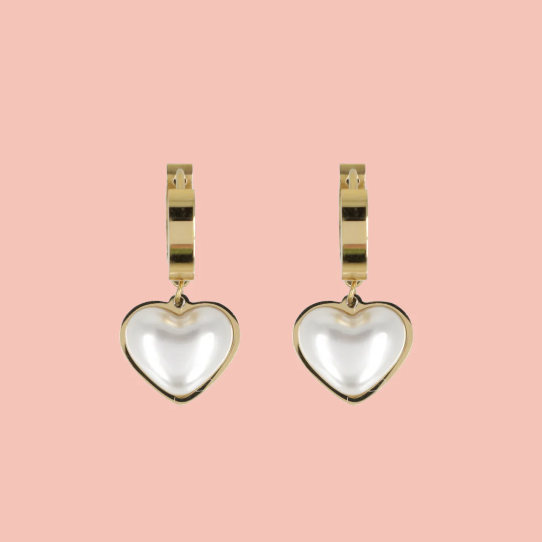 Pearl Heart Huggie Hoop Earrings (Gold Plated)