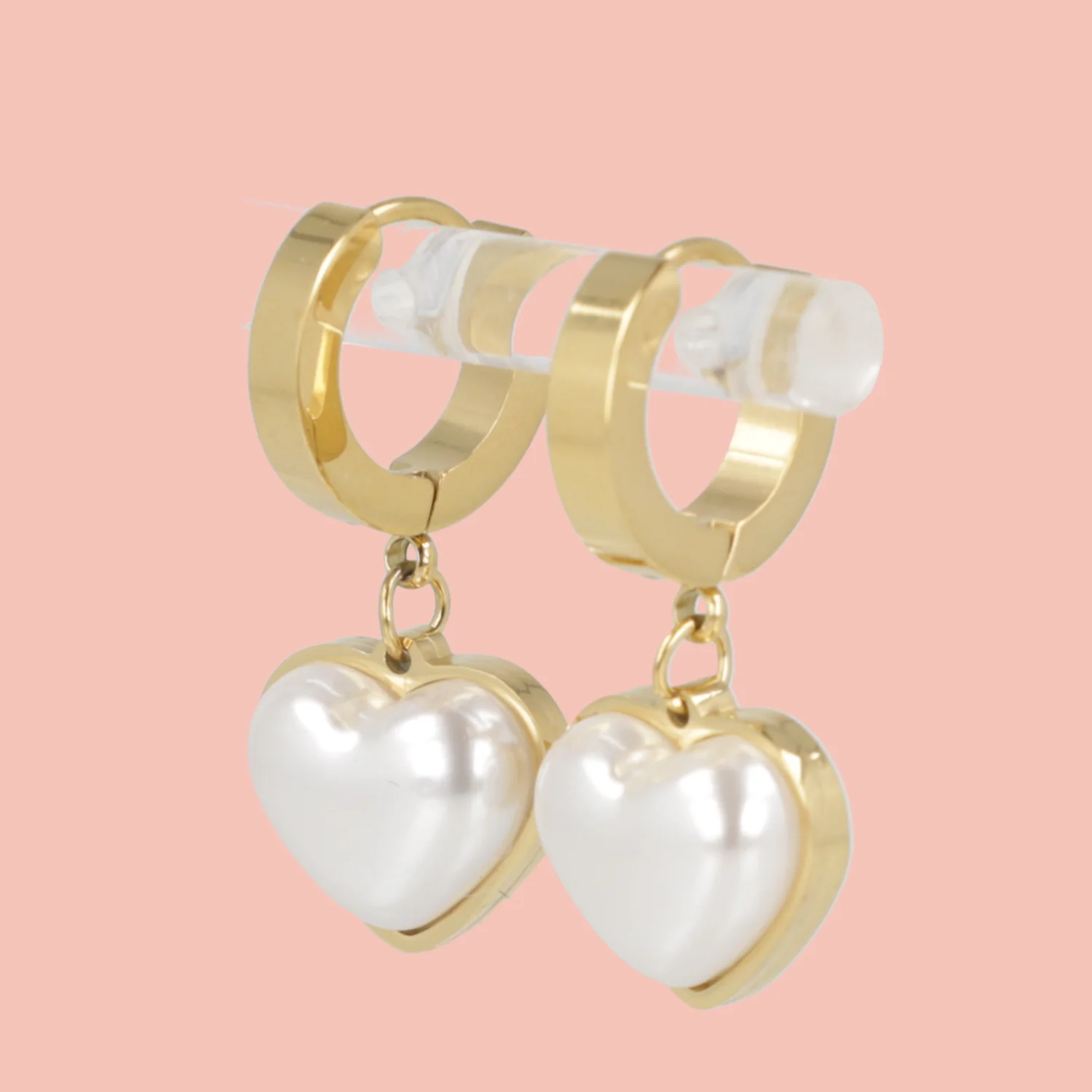 Pearl Heart Huggie Hoop Earrings (Gold Plated) - Image 2
