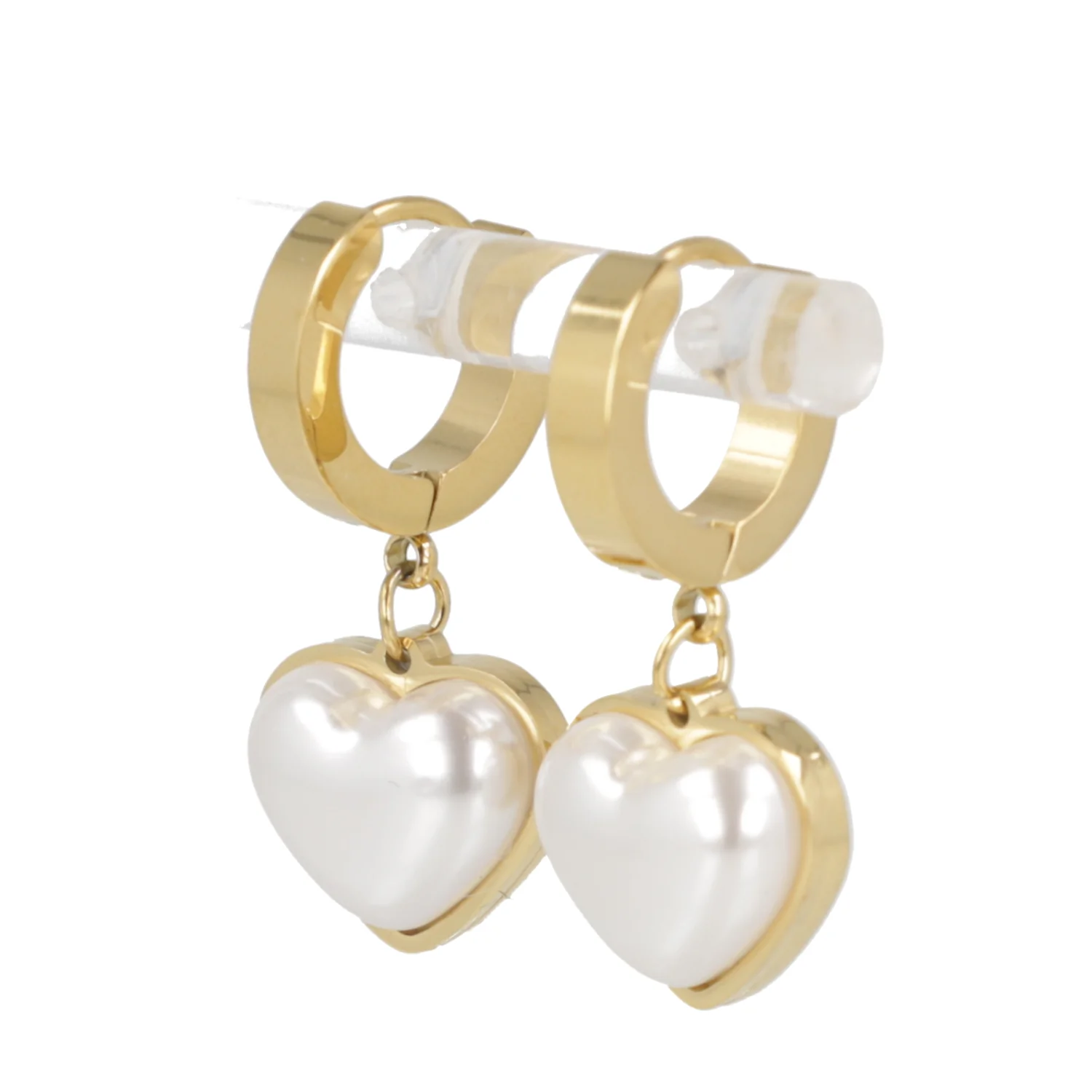Pearl Heart Huggie Hoop Earrings (Gold Plated) - Image 4