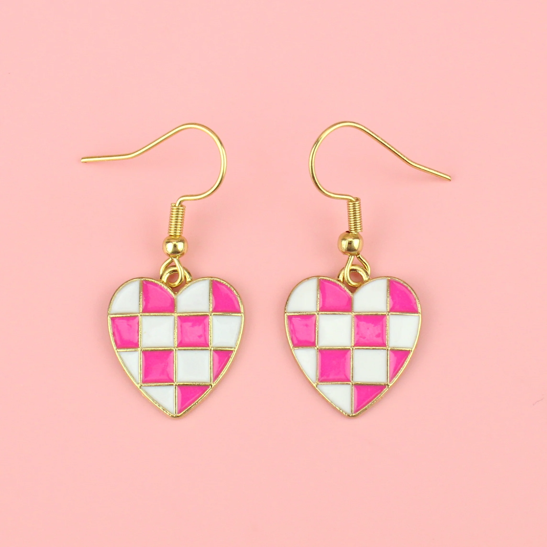 Pink and White Heart Checkerboard Earrings