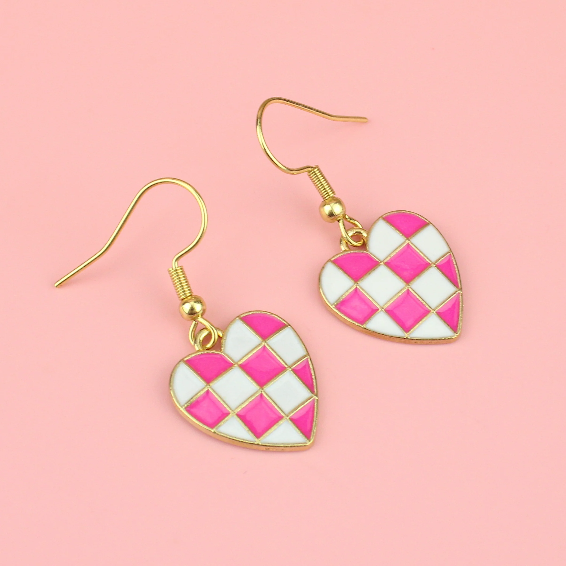 Pink and White Heart Checkerboard Earrings - Image 2