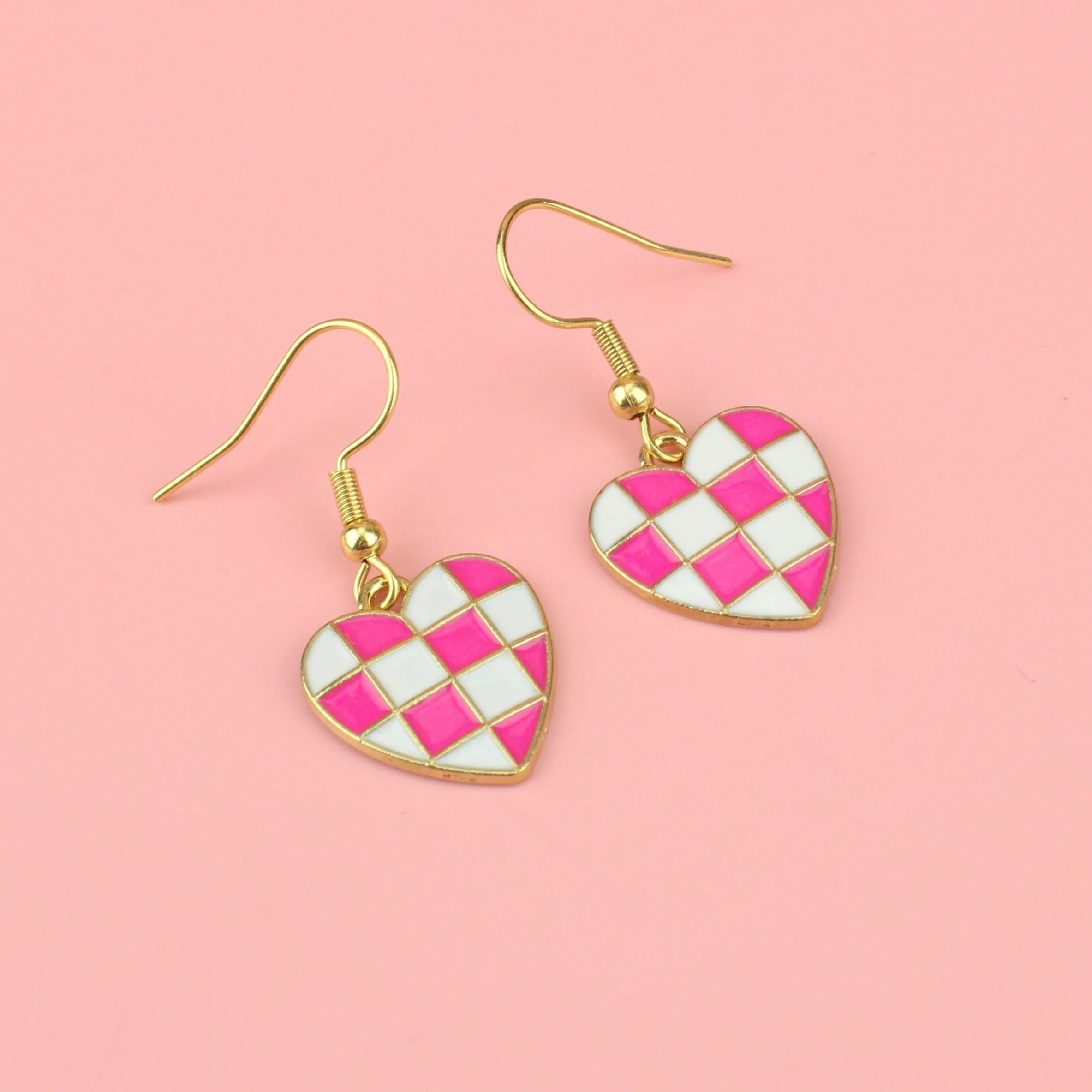 Pink and White Heart Checkerboard Earrings - Image 3