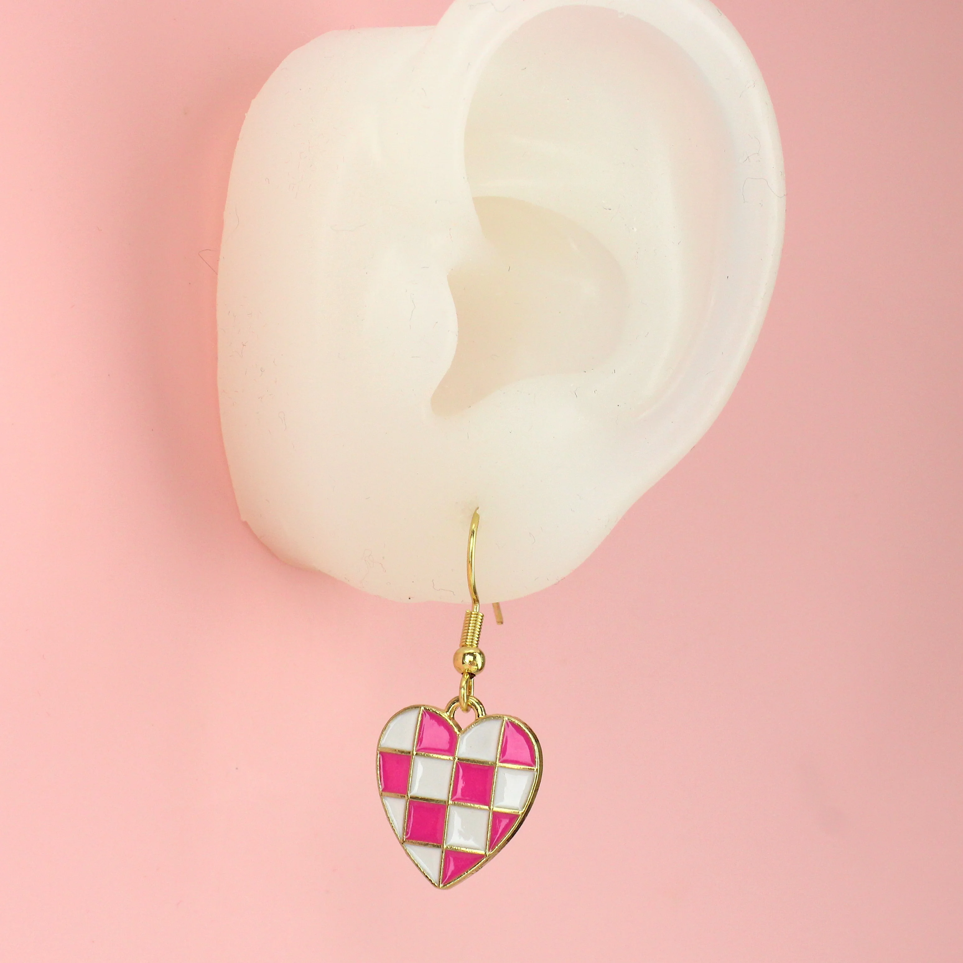 Pink and White Heart Checkerboard Earrings - Image 5