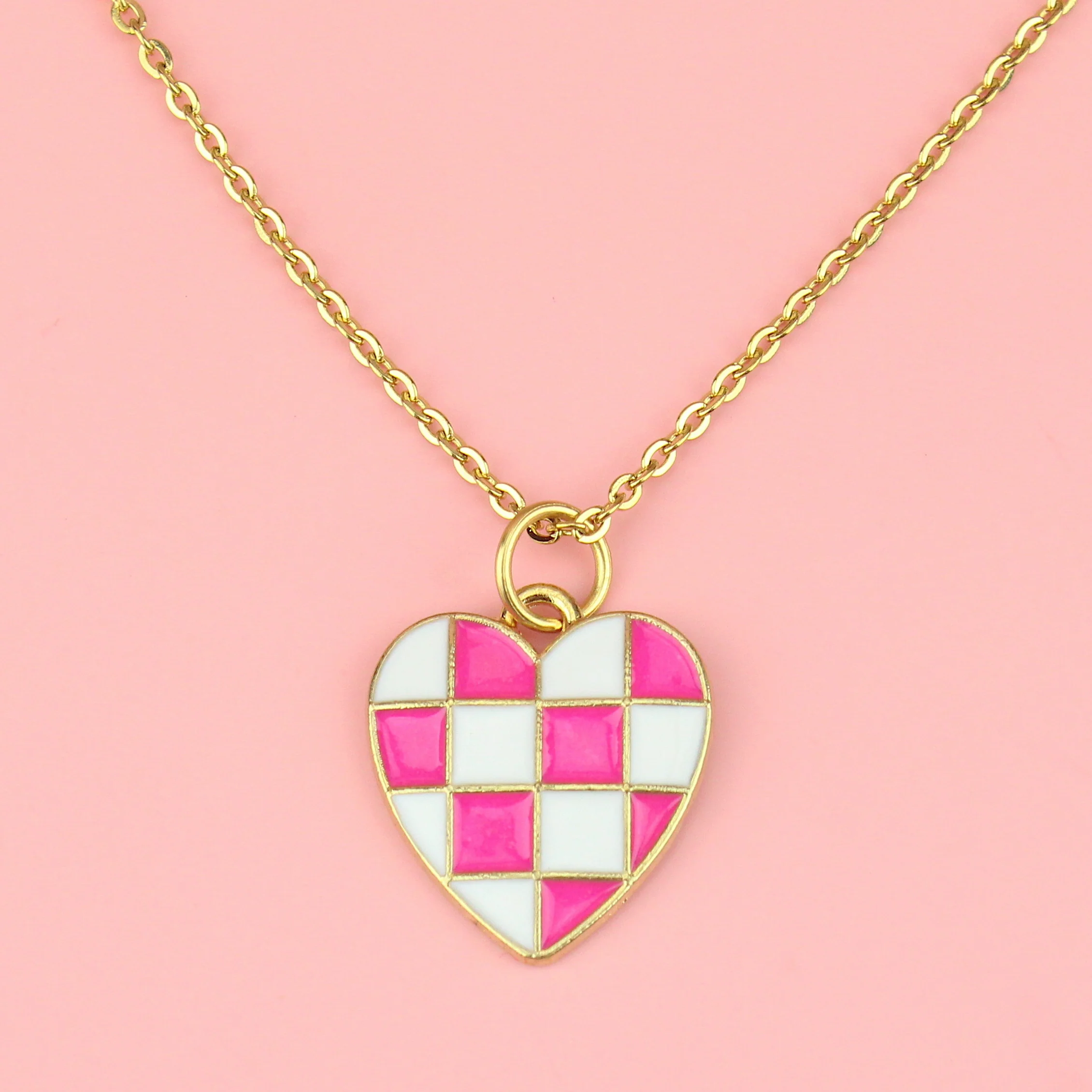 Pink and White Heart Checkerboard Necklace