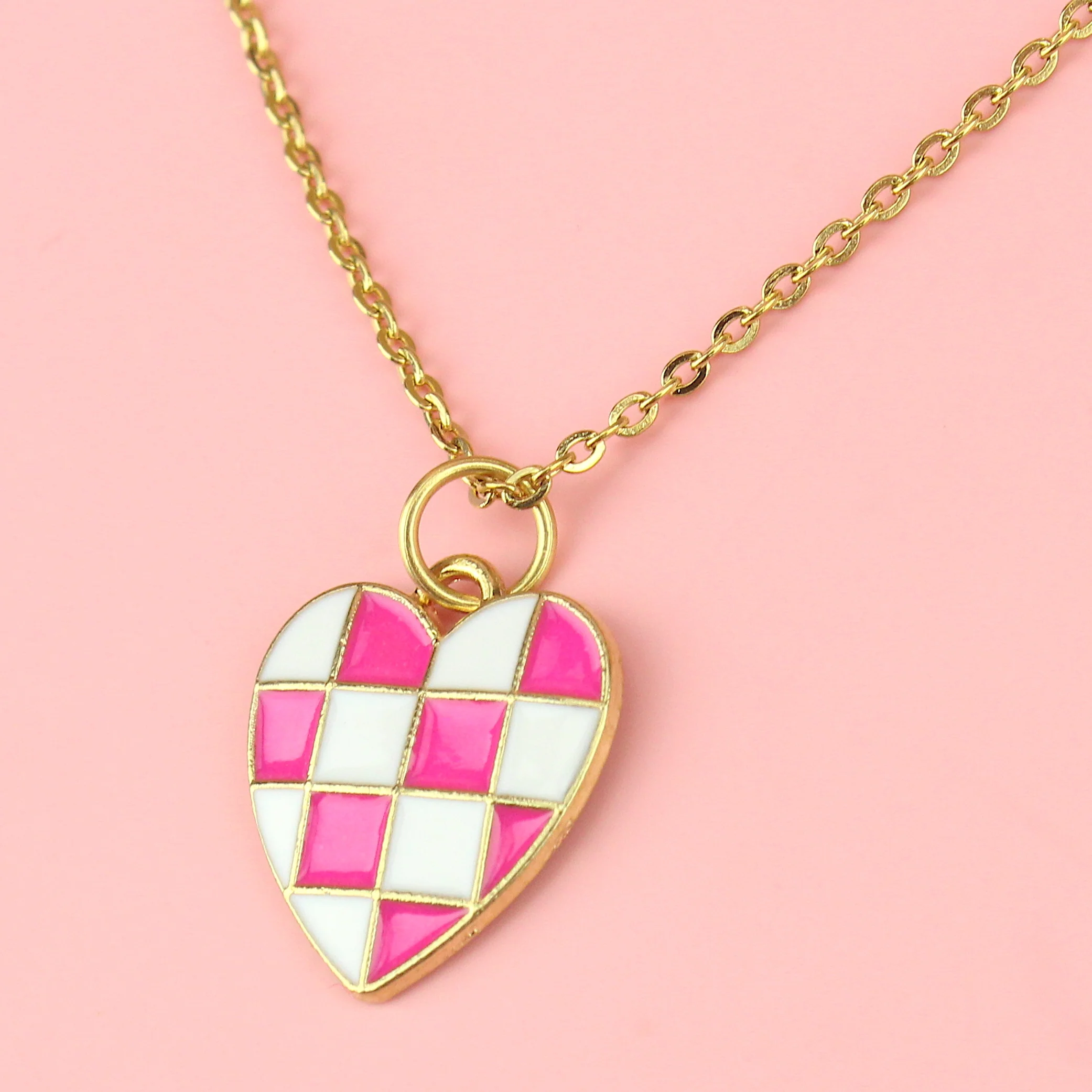 Pink and White Heart Checkerboard Necklace - Image 2