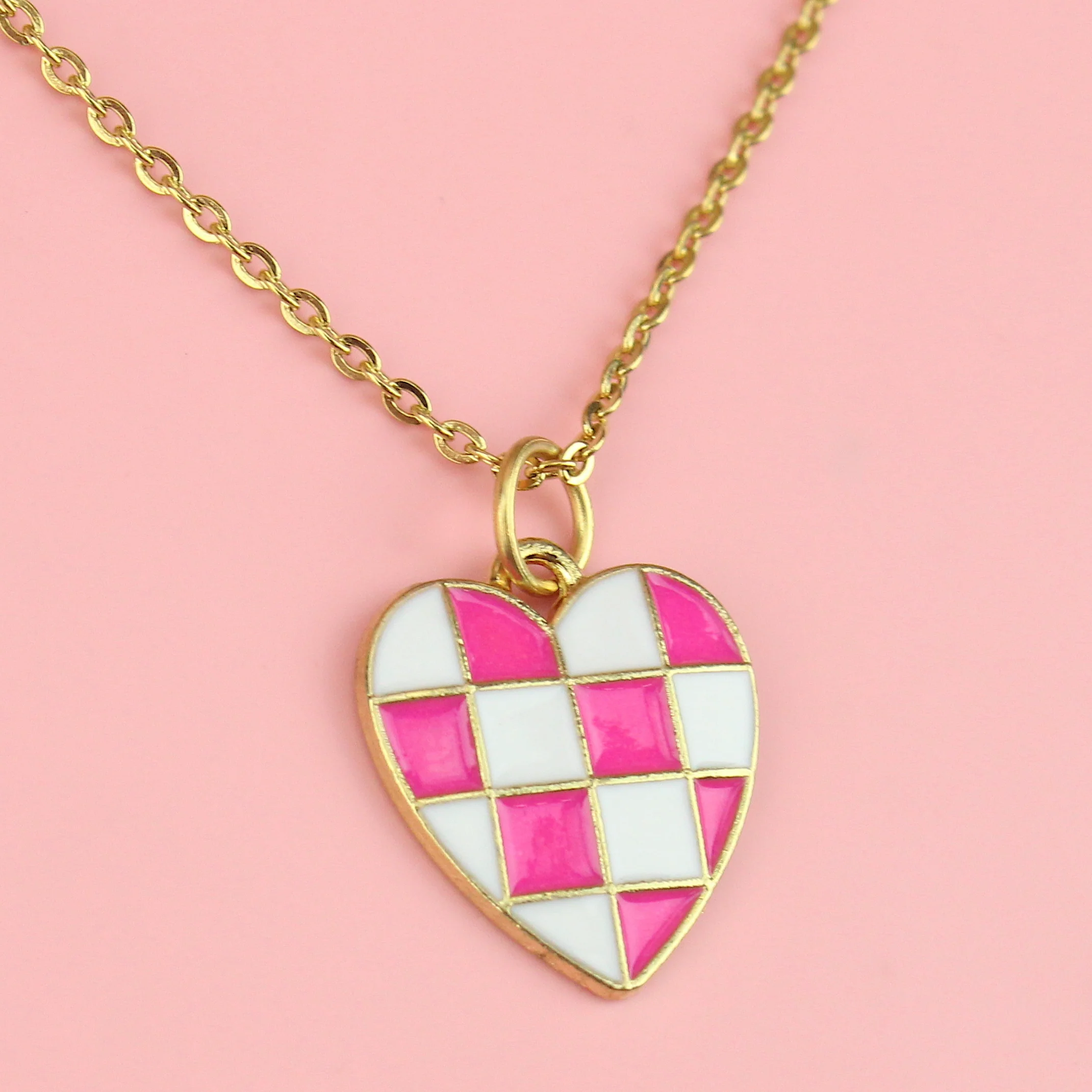 Pink and White Heart Checkerboard Necklace - Image 3