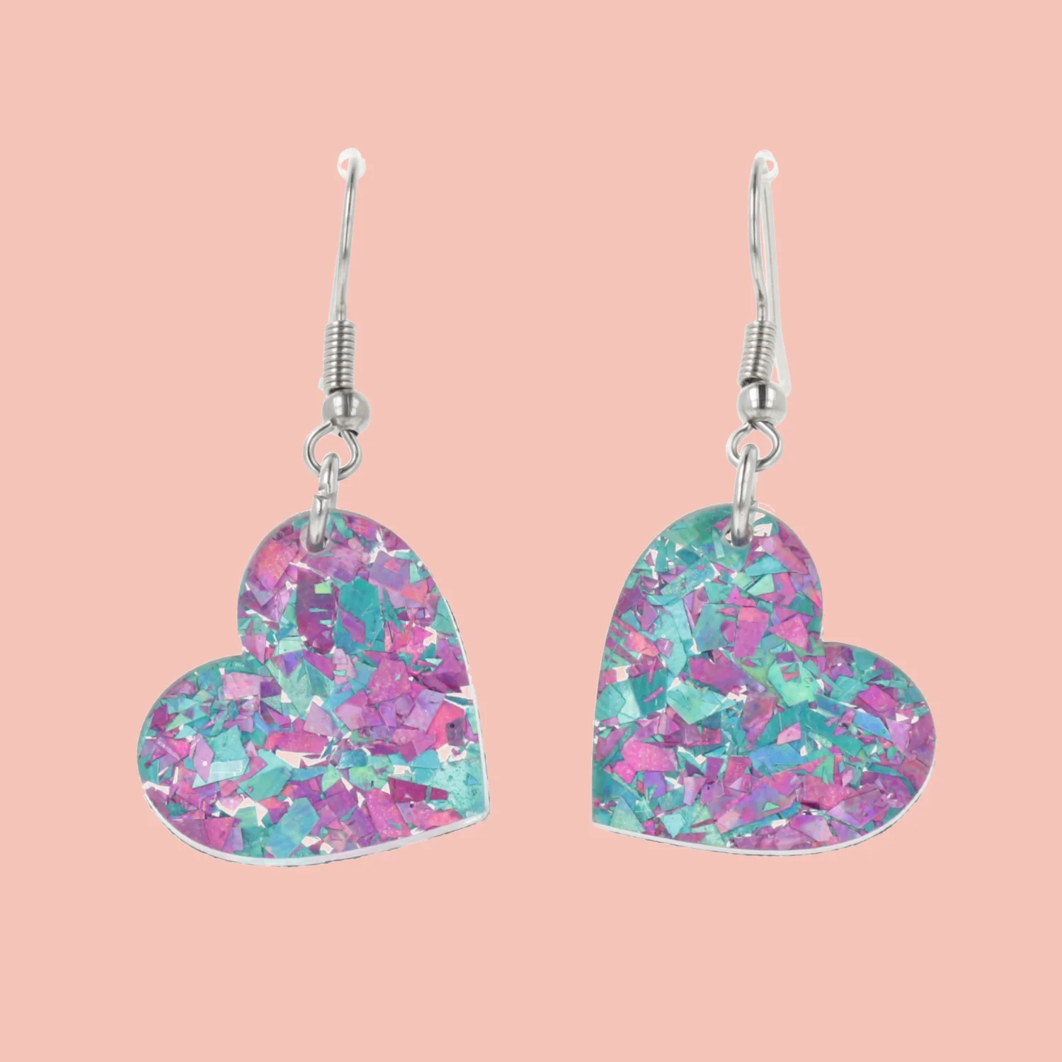 Pink & Blue Confetti Heart Earrings