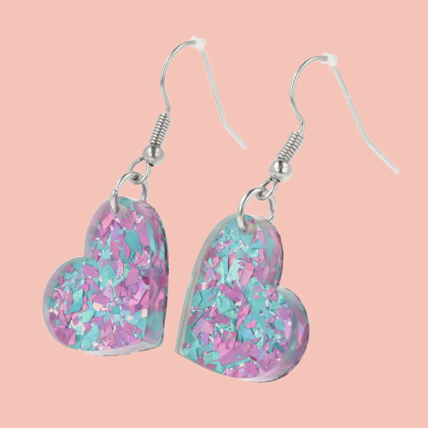 Pink & Blue Confetti Heart Earrings - Image 2