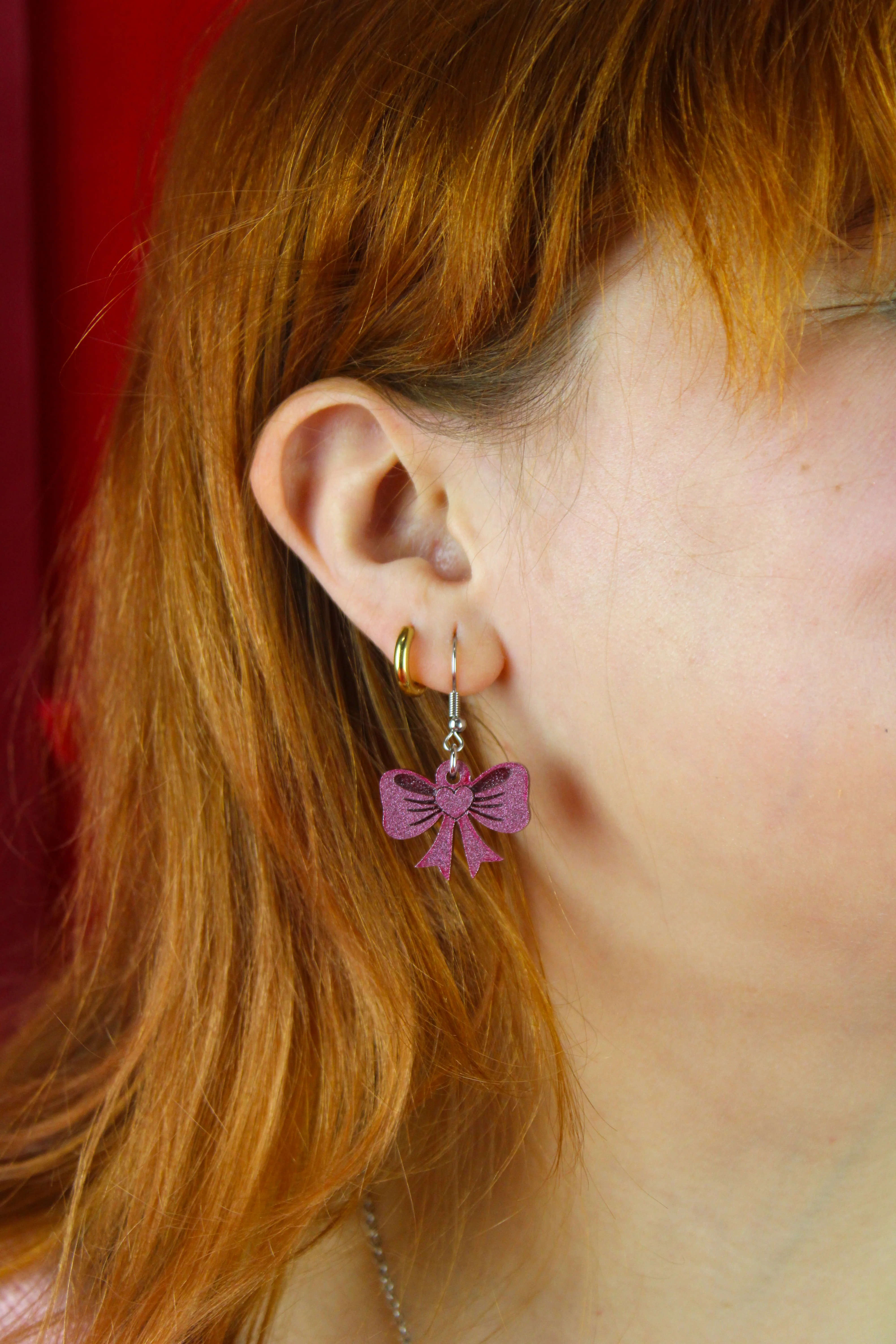 Pink Heart Bow Earrings - Image 2