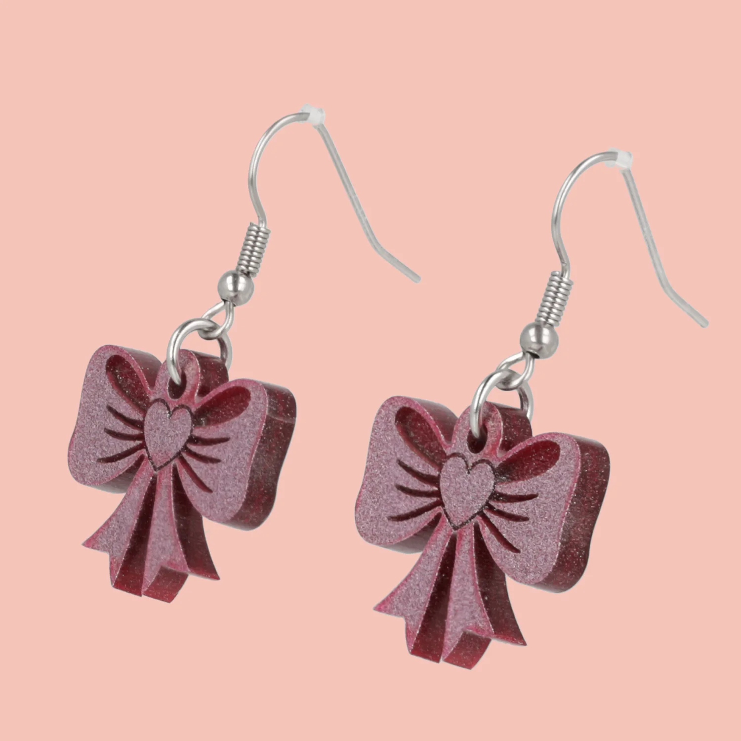 Pink Heart Bow Earrings - Image 3