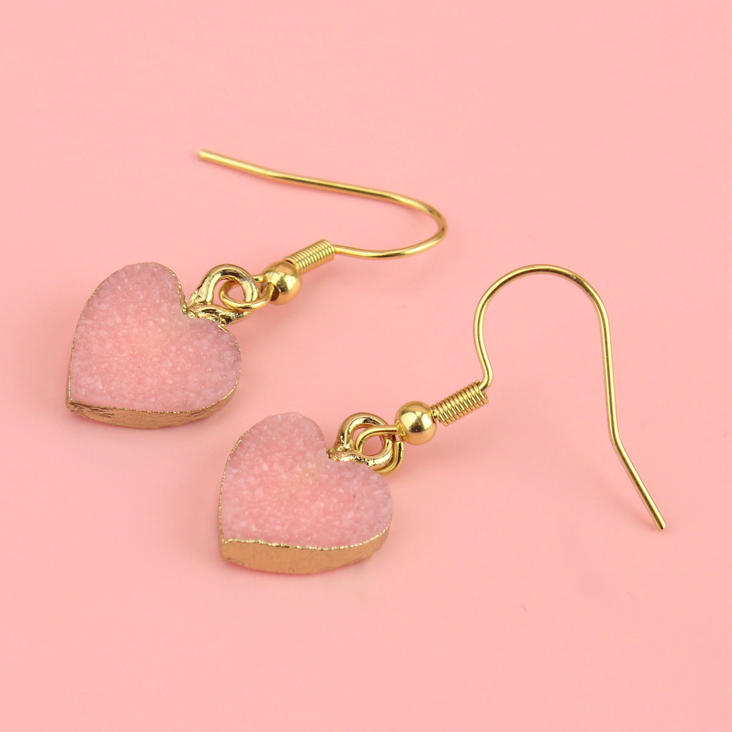 Pink Druzy Heart Earrings - Image 2