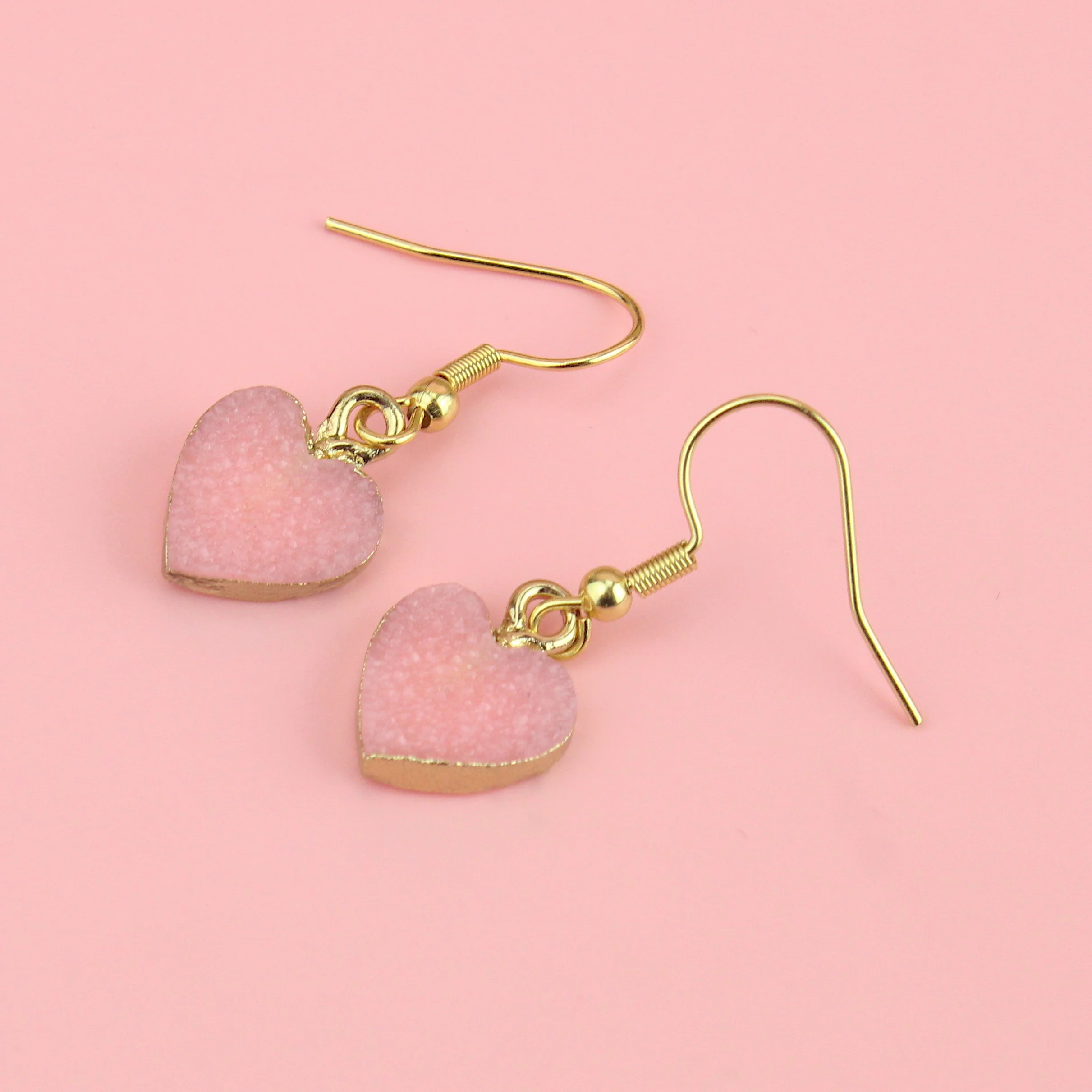Pink Druzy Heart Earrings - Image 3