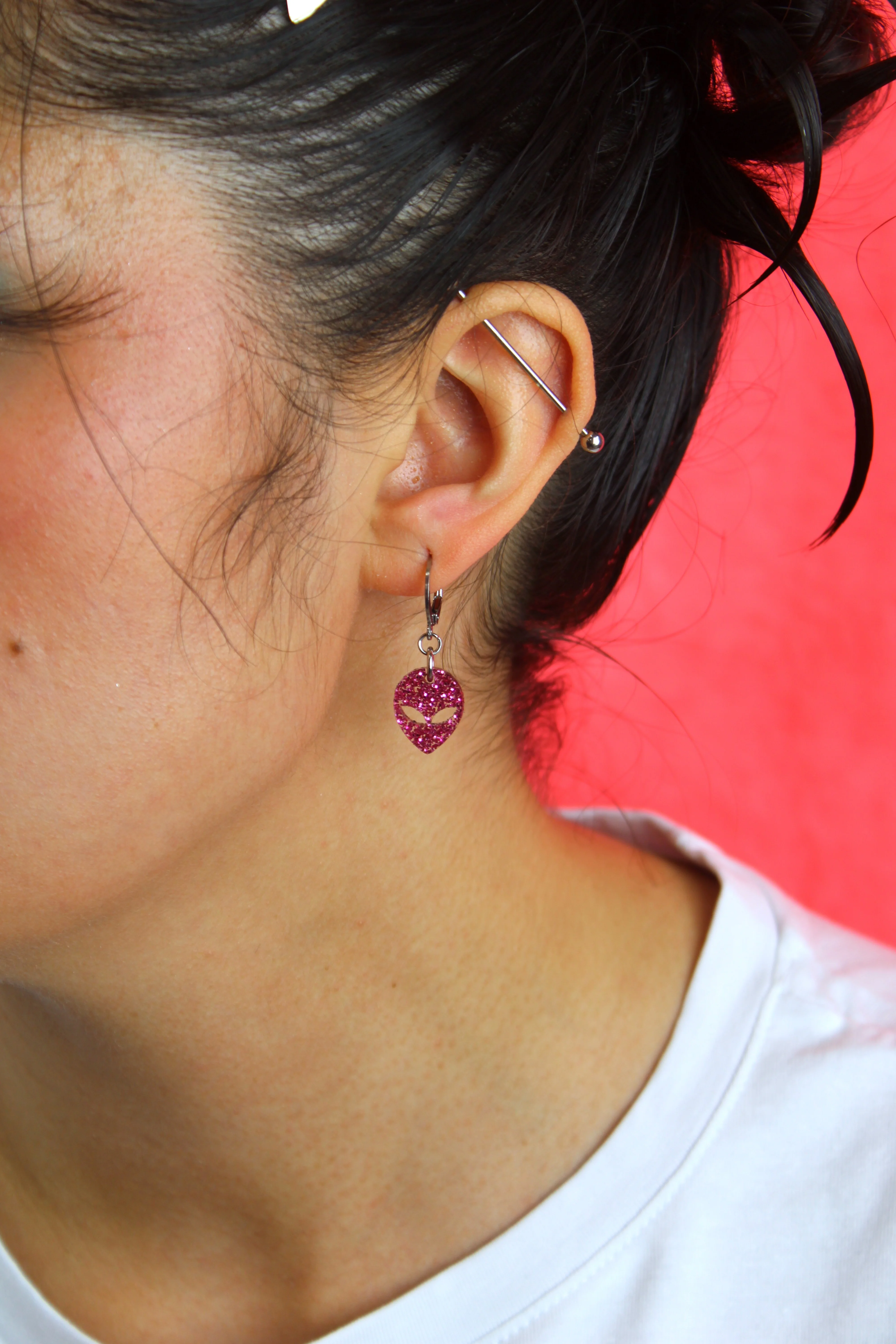 Pink Glitter Alien Hoop Earrings - Image 2