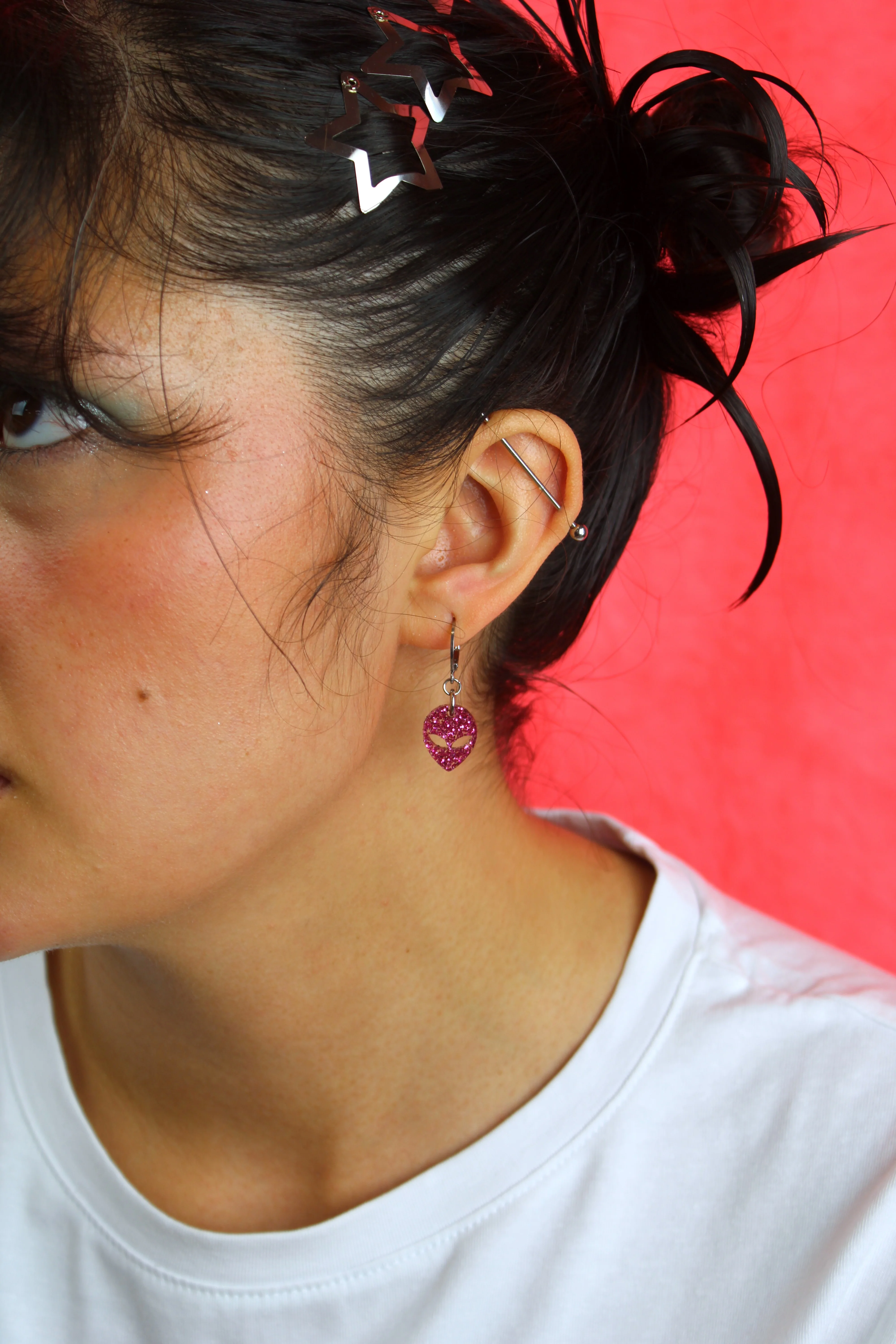 Pink Glitter Alien Hoop Earrings - Image 4